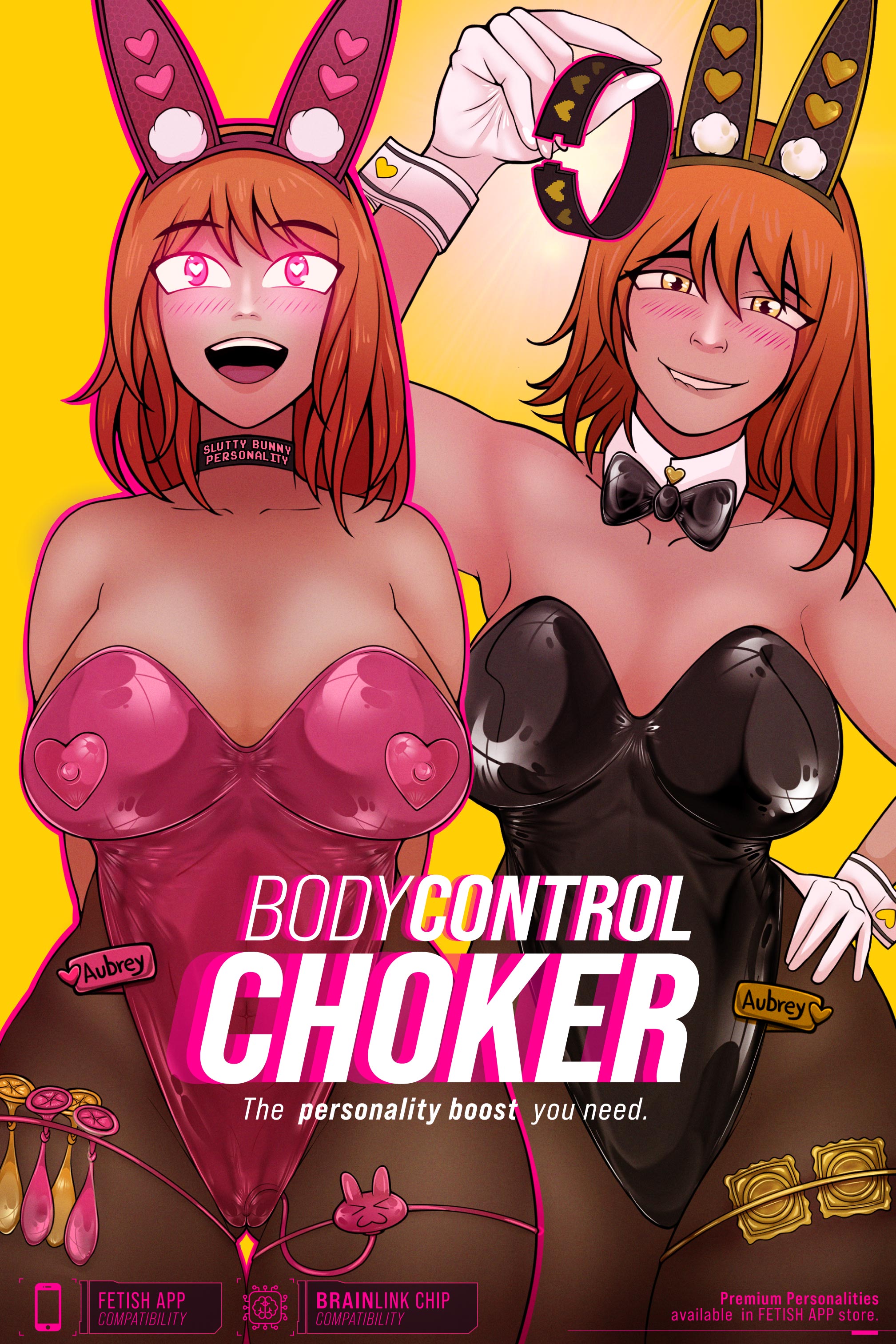 bodycontrol choker, bunny ears, bunny girl, bunnysuit, chocker, female, fetishstudio, heart eyes, heart-shaped pupils, hypnosis, looking at viewer, mind control