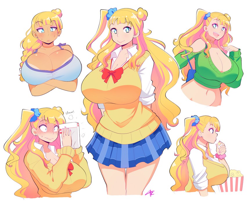 1girls 2018 big_breasts blonde_hair blue_eyes blush breasts cleavage clothed clothing galko gyaru hair_bun hair_ornament huge_breasts long_hair midriff oshiete!_galko-chan plaid_skirt popcorn school_uniform schoolgirl simple_background skirt solo solo_female solo_focus sweater tan theycallhimcake white_hair