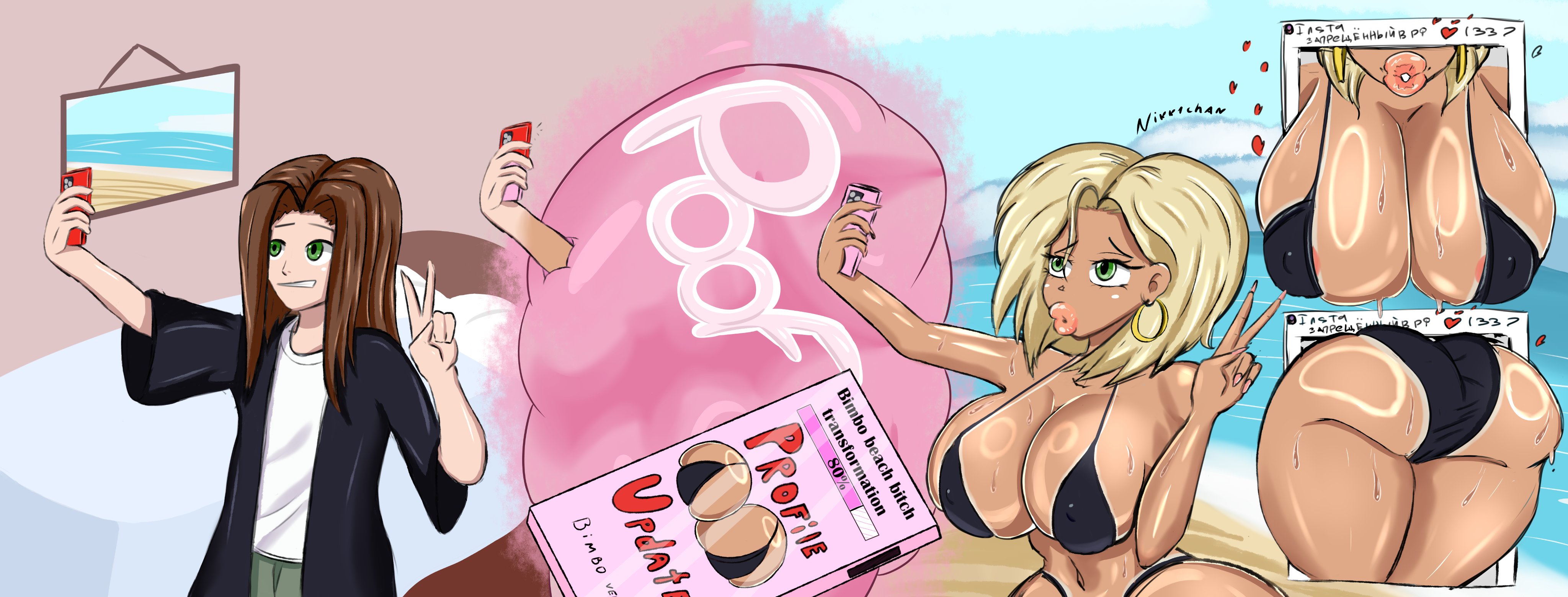ass, ass expansion, beach, big lips, bikini, bimbo, bimbo body, bimbo lips, bimbofication, blonde female, blonde hair, body modification, breast expansion, breast growth, breast growth (enlargement), breasts, female, nikk1chan, selfie, summer, tan body, tan skin, transformation