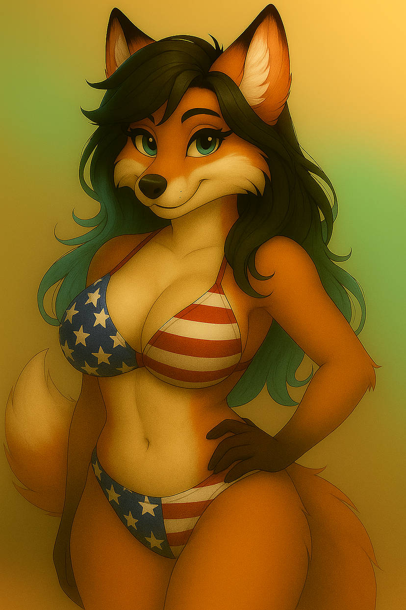 1girls 2025 4th_of_july after_transformation ai_generated american american_flag_bikini anthro big_breasts bikini black_hair black_nose breasts brown_tipped_ears curvy curvy_body curvy_female curvy_figure deviantart dipstick_tail dyed_hair ears european_to_american female female_only fox fox_girl furry furry_female furry_only genderswap genderswap_(mtf) green_eyes green_hair hand_on_hip holidays long_hair looking_at_viewer orange_body orange_fur rule_63 sekaithefox smile tail tan_fur tipped_ears two-piece_swimsuit two_tone_body two_tone_fur vixen worldfan2020 yellow_background