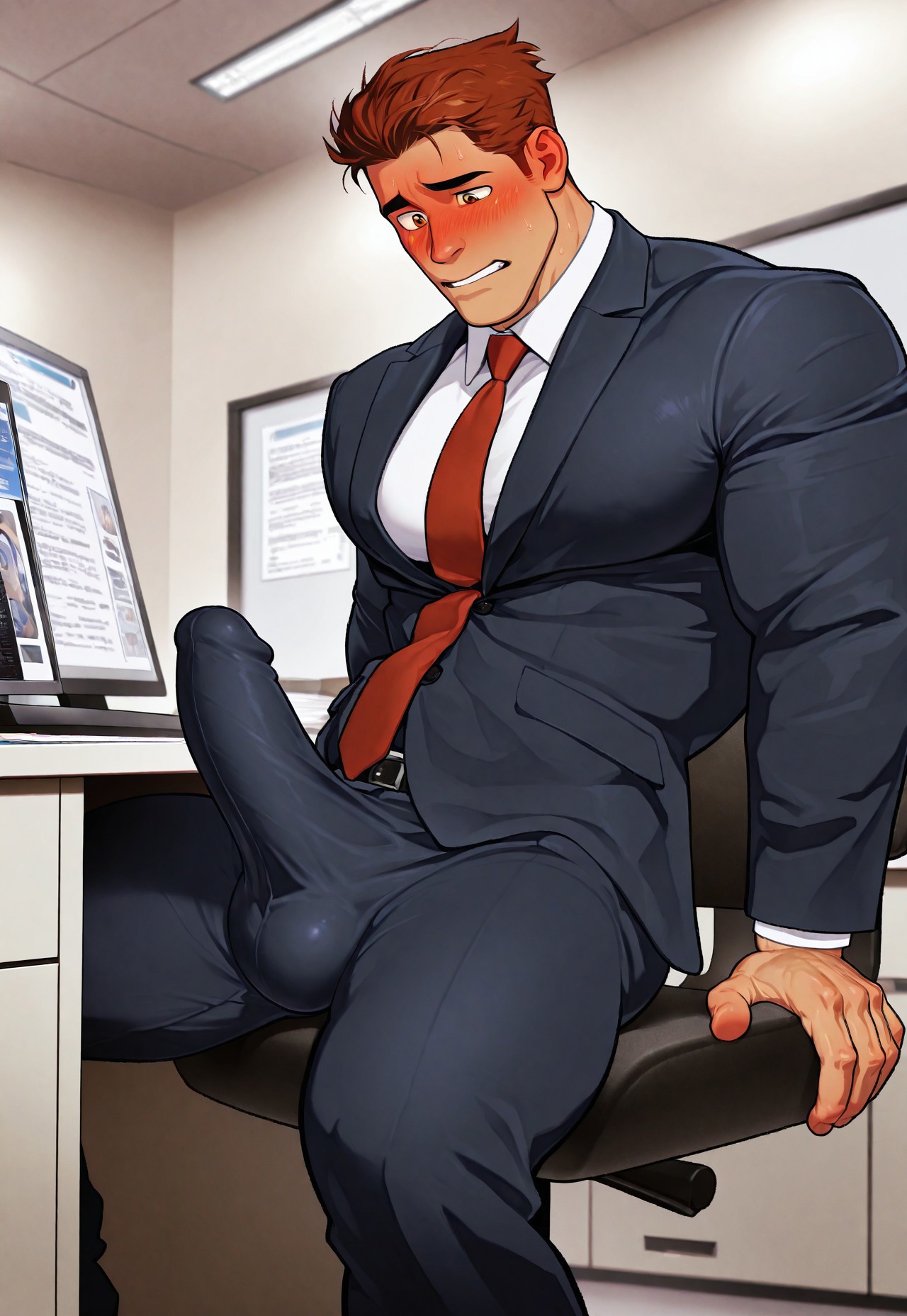 ai generated, auburn hair, blush, brett hand, brown eyes, bulge, bulge through clothing, bulge under clothes, clothed, clothing, embarrassed, erection, ginger himboo, inside job, looking at penis, male, male only, muscles, muscular, muscular arms, muscular back, muscular legs, muscular male, muscular thighs, pecs, penis, solo, suit, suit and tie, tight clothing