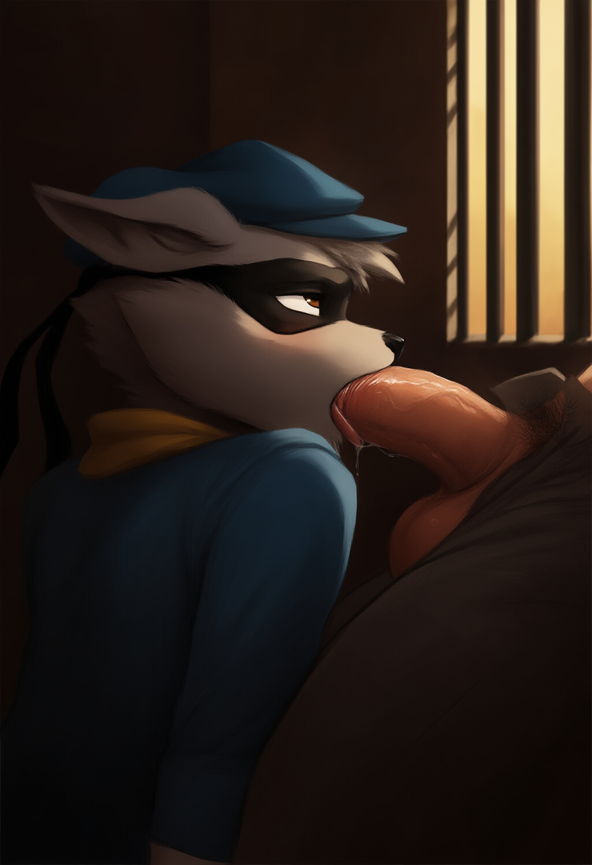 2boys ai_generated anthro bandit blowjob brown_eyes cellmates fellatio gay human human_on_anthro jail jail_cell looking_up looking_up_at_partner male male/male male_on_anthro male_on_human mammal multiple_boys novelai oral pants_open penis prison prison_cell procyonid raccoon side_view side_view_fellatio sly_cooper sly_cooper_(series) sony_interactive_entertainment sucker_punch_productions yaoi