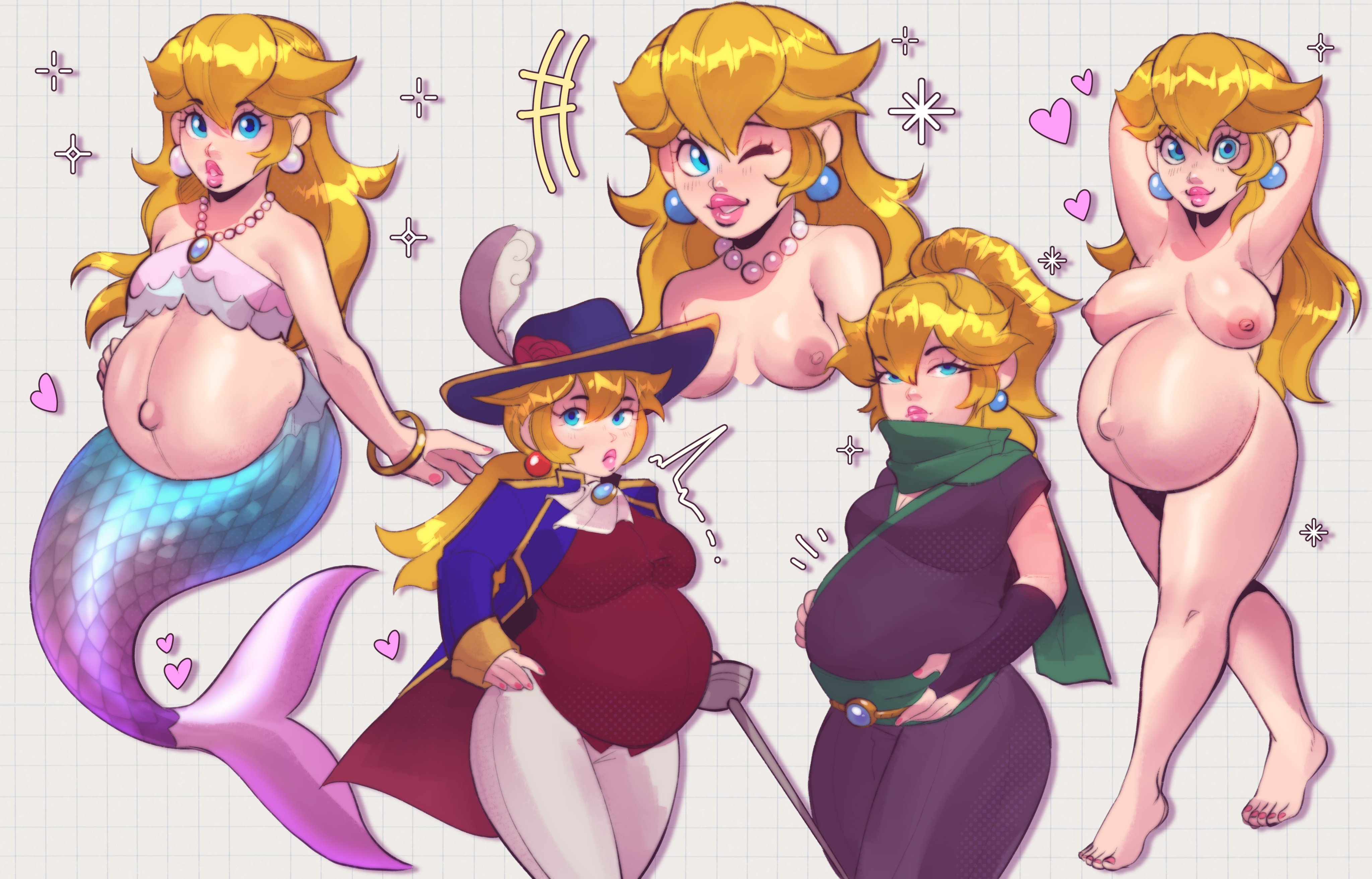 1girls, 2d, belly, big belly, blonde hair, blue eyes, breasts, color, female, female only, full color, human, lady loveluck, loveluck, mario (series), merfolk, mermaid, mermaid peach, multiple outfits, ninja peach, nintendo, nipples, nude female, outie navel, plump lips, pregnant, pregnant belly, pregnant female, princess peach, princess peach: showtime!, solo, swordfighter peach