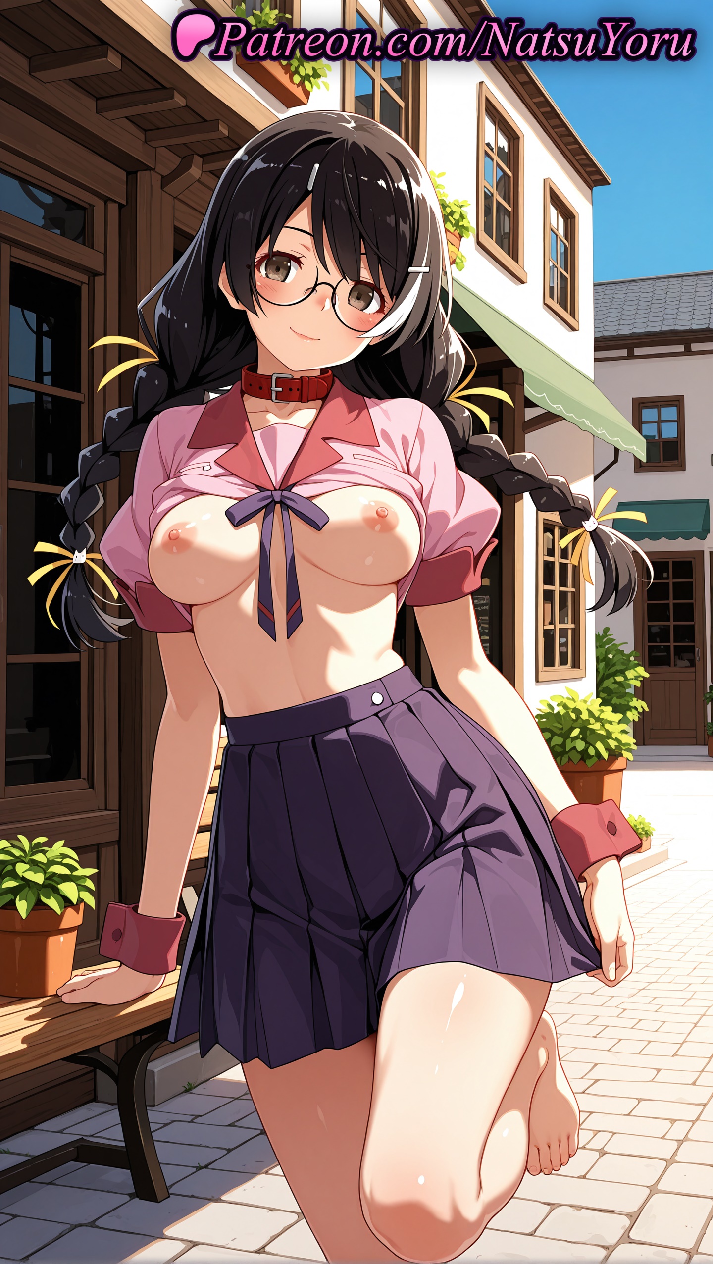 1girls, 2025, ai assisted, ai generated, anime, anime style, bakemonogatari, bangs, barefoot, belt collar, black hair, blouse, blush, braid, breasts, breasts out, brown eyes, building, bust, busty, caucasian, closed mouth, clothes lift, collar, collarbone, cover, cover page, day, doujin cover, exhibitionism, feet, female, female focus, female only, foot fetish, glasses, hair ornament, hair ribbon, hairclip, hanekawa tsubasa, hi res, high quality, high resolution, highres, large breasts, leg up, lipstick, long hair, looking at viewer, makeup, medium breasts, megane, monogatari (series), naoetsu high school uniform, natsuyoru, nipples, nipples outside, no bra, outdoors, patreon, pink shirt, plant, pleated skirt, potted plant, puffy short sleeves, puffy sleeves, purple skirt, red collar, ribbon, school uniform, shirt, shirt lift, short sleeves, skirt, sky, smile, solo, solo female, stable diffusion, standing, standing on one leg, thighs, toes, twin braids, uncensored nipples, voluptuous, voluptuous female, window, wrist cuffs, yellow ribbon