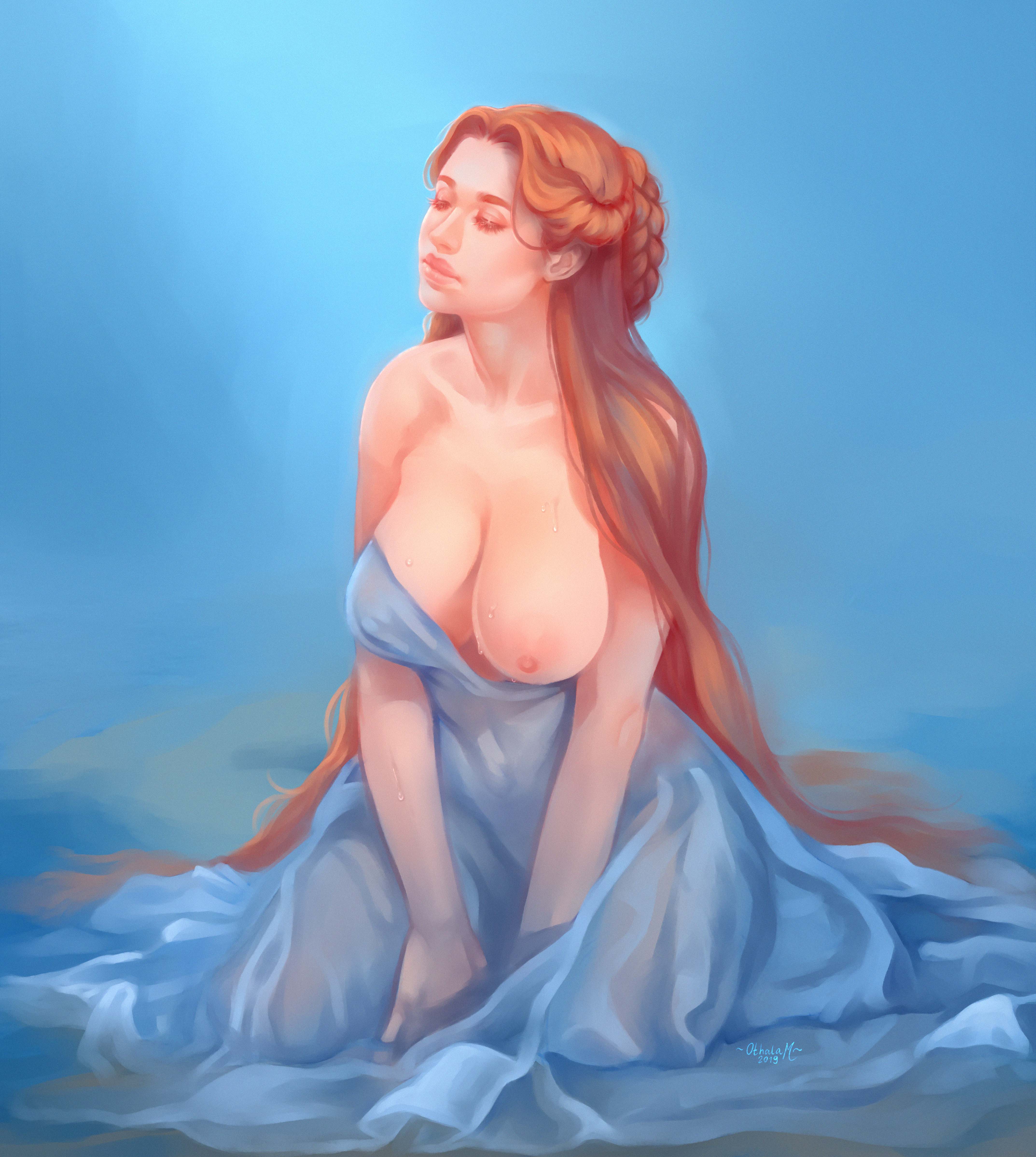 1girls, areolae, breasts, clothing, dress, female, female only, hair, long hair, nipples, orange hair, othalam, priestess, solo