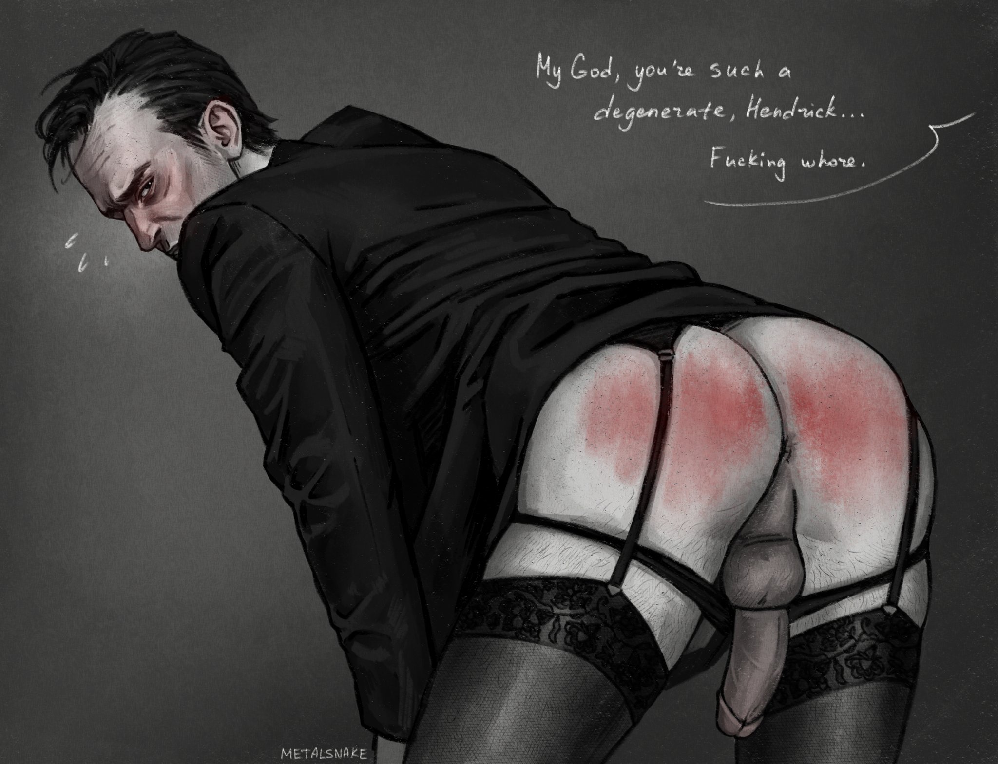 1boy, bara, barazoku, dr. easterman, garter straps, male, male only, outlast, outlast trials, penis, sheer, sheer clothing, sheer legwear, solo, solo male, stockings, thigh highs, thighhighs, translucent stockings, translucent thigh highs