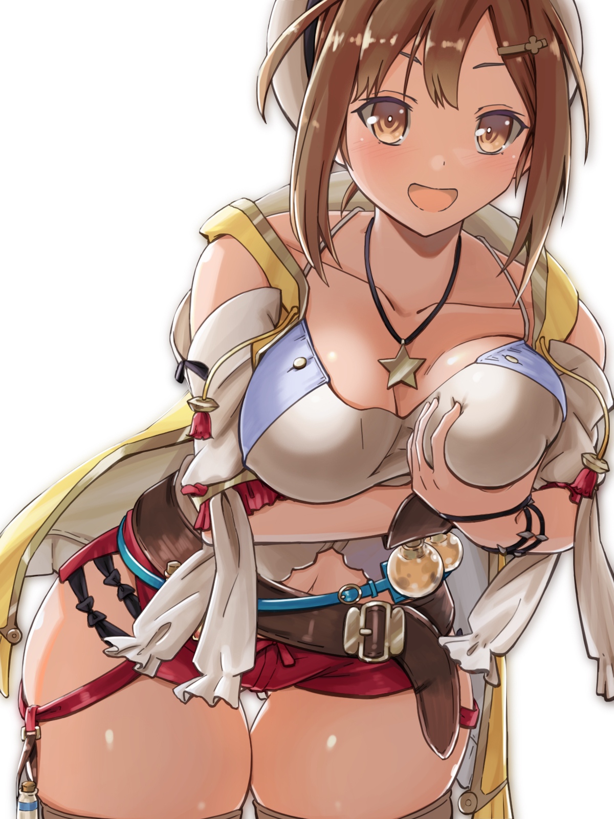 1girls, artist request, atelier (series), atelier ryza, back, blush, breast grab, breast hold, breasts, breasts grab, brown eyes, brown hair, cleavage, clothed, collar, collarbone, female, grabbing, groping, hair ornament, hairclip, hat, highres, large breasts, looking at viewer, midriff, narc39taze, navel, open mouth, red shorts, reisalin stout, short hair, short shorts, shorts, smile, solo, sweat, thick thighs, thigh gap, thighhighs, thighs, white headwear, white legwear, wide hips