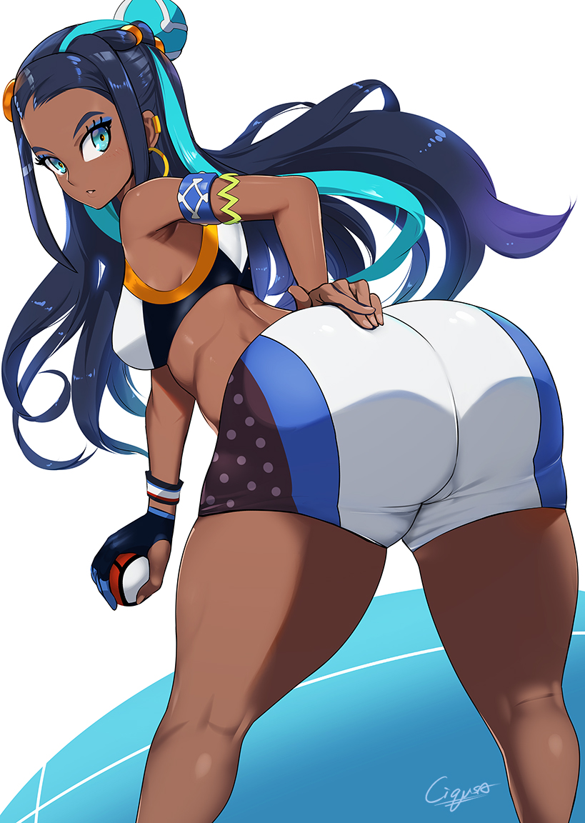1girls, armpits, ass, back, bent over, big ass, blue background, blue eyes, blue hair, bottom heavy, bracelet, breasts, cigusa, cleavage, clothed, dark skin, dark-skinned female, eye contact, female, female only, gloves, gym leader, hair bun, hand on ass, holding, human, long hair, looking at viewer, looking back, nessa (pokemon), nintendo, poke ball, pokemon, pokemon ss, solo, swimsuit, text, thick thighs, watermark, wide hips