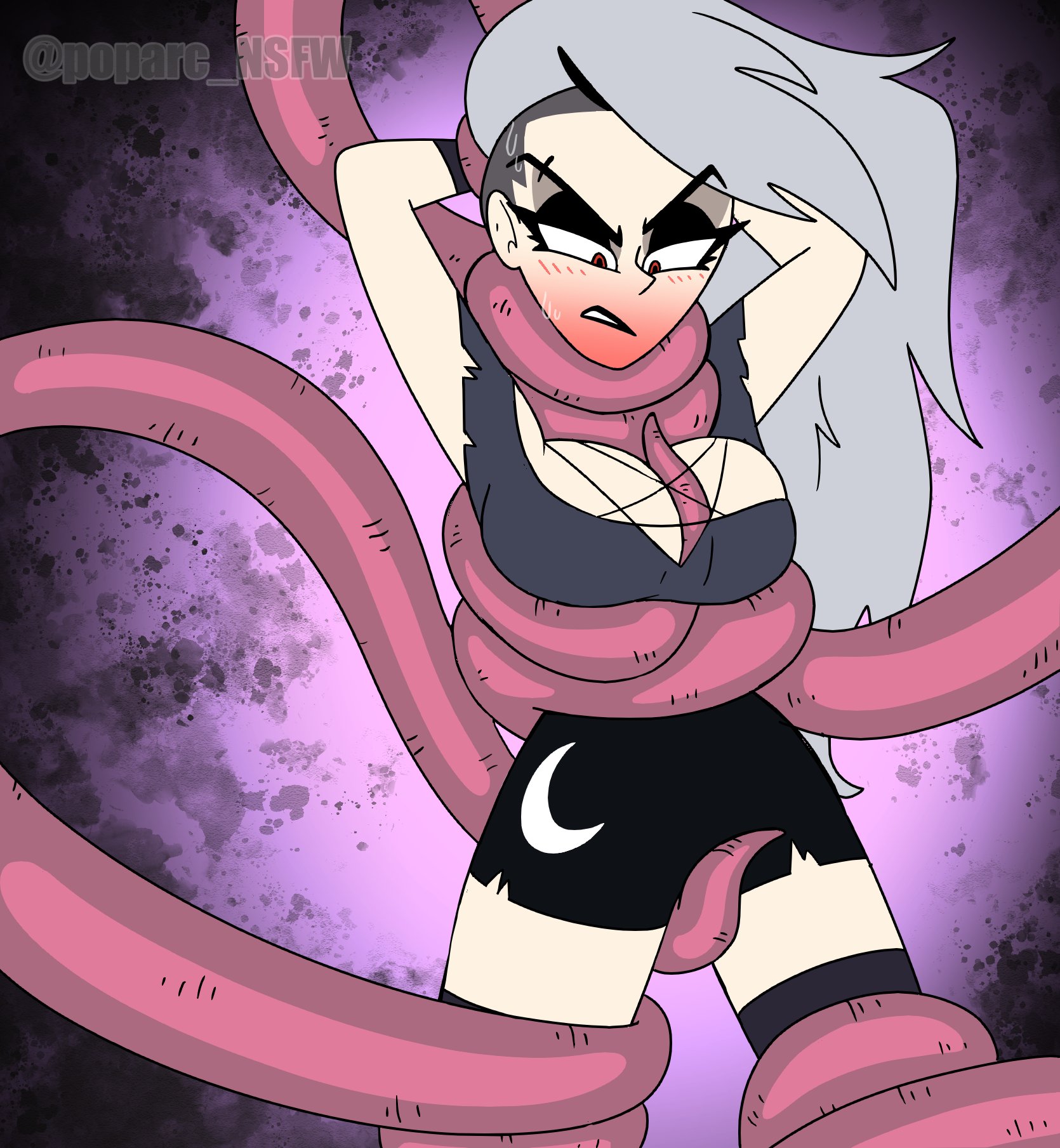 1girls, annoyed, annoyed expression, arms behind back, asphyxiation, blush, bondage, breasts, choking, female, goth, goth girl, grey hair, groping, groping breasts, hands behind back, helluva boss, human loona, loona (helluva boss), poparc nsfw, purple background, pussy, red eyes, rubbing pussy, tentacle, tentacle around leg, tentacle around neck, tentacle bondage, tentacle sex, vivienne medrano, vivziepop