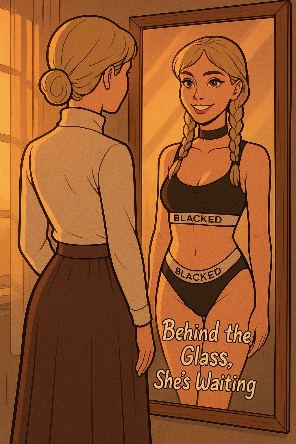 ai generated, blacked clothing, blonde hair, braid, english text, female, mirror, nationplaylove, solo, text