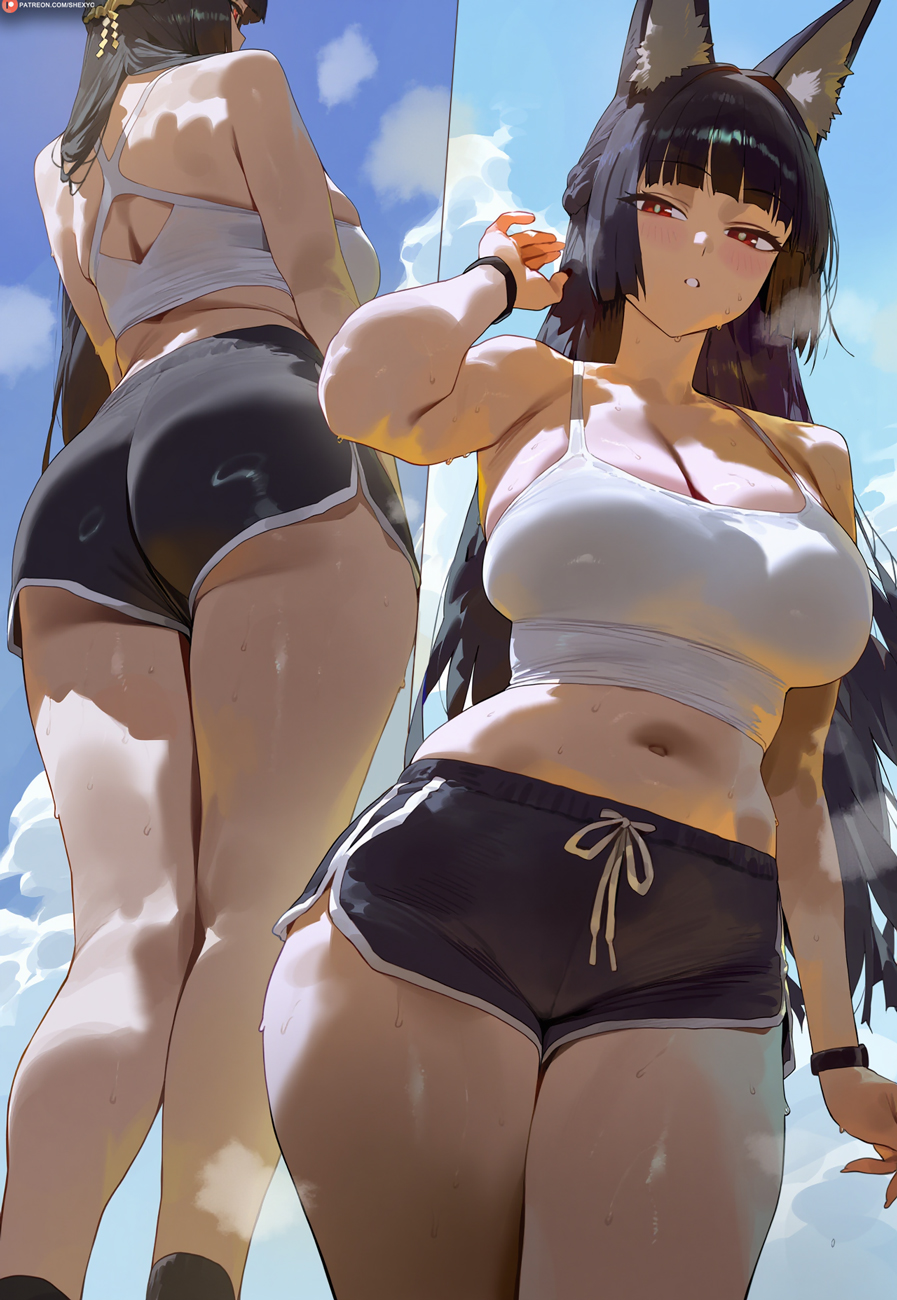 1girls, ai assisted, ai generated, animal ears, ass, ass focus, big ass, big boobs, big breasts, big tits, black hair, black-haired female, blue sky, boobs, breasts, breasts focus, cloud, female, female focus, female only, fox ears, fox girl, hollow special operations section 6, hoshimi miyabi, light skin, light-skinned female, long hair, long-haired female, looking at viewer, multiple views, patreon, patreon link, patreon logo, patreon url, patreon username, red eyes, red-eyed female, shexyo, shorts, sky, solo, solo female, solo focus, standard resolution, thick thighs, thighhighs, thighs, tits, twitter, zenless zone zero