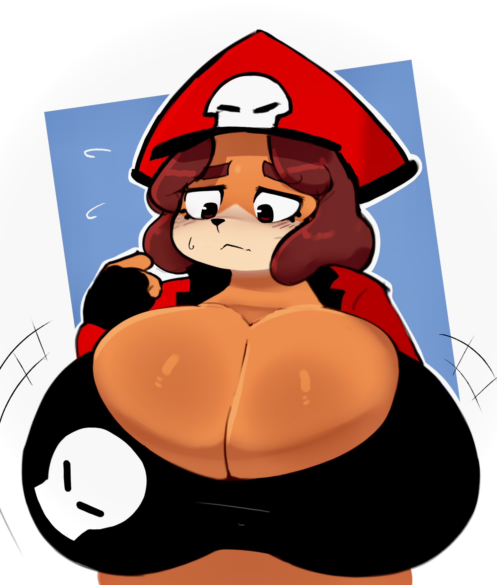 1girls, anthro, big breasts, breasts, brown eyes, brown fur, brown hair, bust portrait, canine, cleavage, female, fingerless gloves, floppi (mentle xd), flustered, furry, furry only, gloves, hat, headwear, huge breasts, inazuma kat, motion lines, oc, solo, solo female, tagme, thick thighs, two-tone fur, wide hips