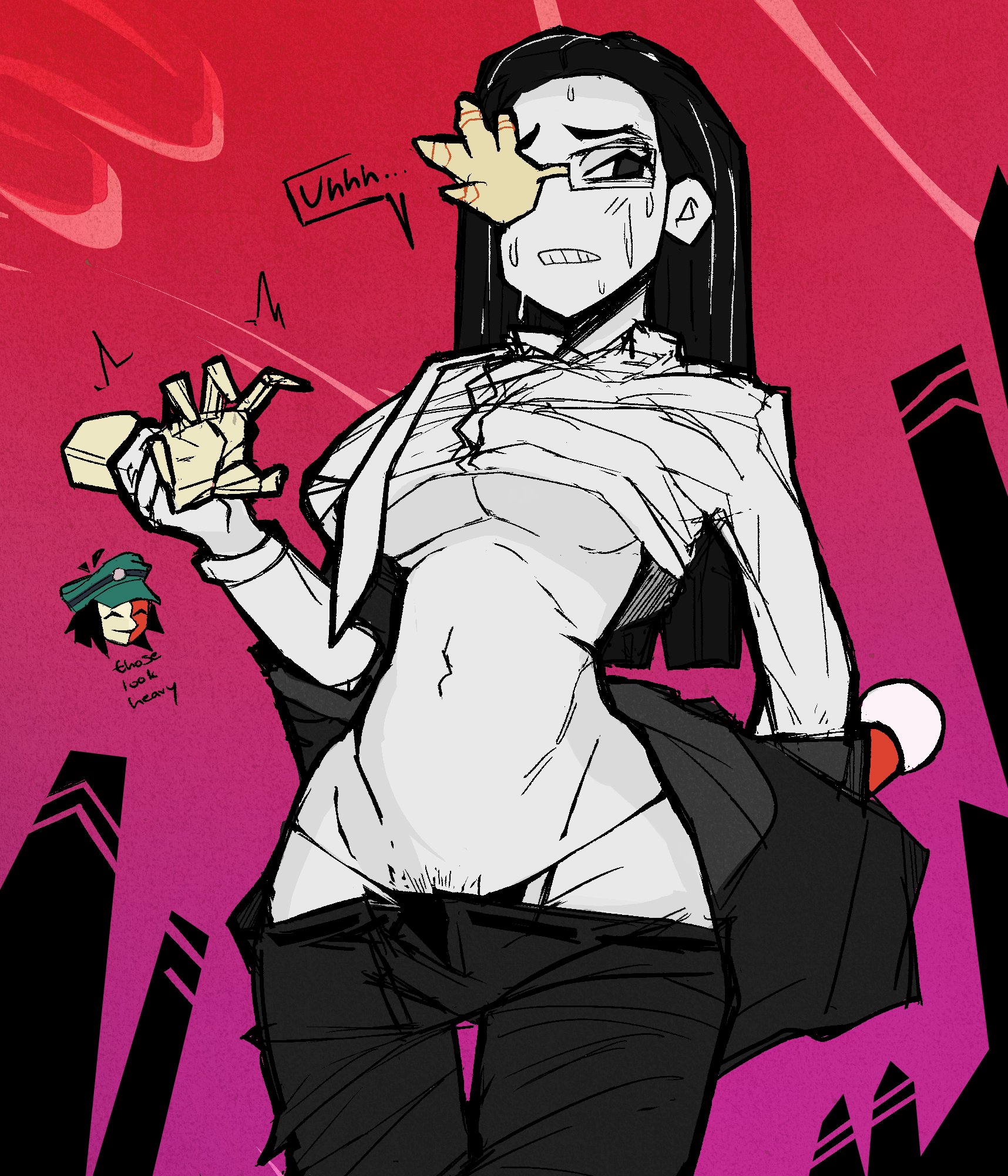 1girls, 1other, ahoge, altergeist, ambiguous gender, belt, big breasts, black belt, black bottomwear, black eyes, black hair, black panties, black pants, black underwear, blush, blush lines, blushing, breasts, button down shirt, chibi inset, clothing, coral glasses, cowlick, dark eyes, dark hair, dialogue, dream bbq, ena (dream bbq), ena (series), english text, eyewear, female, female humanoid, female only, frown, glasses, gradient background, green hat, green headwear, headwear, holding another's wrist, holding wrists, humanoid, humanoid female, jacket, jacket off shoulders, jacket partially removed, lifted shirt, light hands, light skin, light-skinned female, long hair, long sleeves, magenta background, megane, missing eye, multicolored background, muttering, necktie, necktie aside, nervous, nervous expression, nervous face, nervous female, nervous sweat, one eye covered, one eye obstructed, one eye visible, out of frame, pants down, pants pulled down, partially clothed, pubic hair, pubic hair peek, red background, red hands, short hair, simple background, solo focus, sparse pubic hair, speech bubble, sweat, sweating, sweating female, sweating profusely, sweaty, sweaty face, sweaty female, tagme, teeth showing, thigh gap, tie, topwear, topwear lift, twitter link, two-tone body, two-tone skin, underboob, underwear, undressing, white body, white button down shirt, white necktie, white shirt, white skin, white topwear