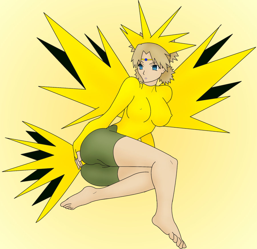 1girls ass big_breasts blonde_hair blue_eyes bodysuit breasts clothed cosplay crossover empty_eyes feet female female_only fully_clothed gloves human hypnosis looking_away mind_control naruto nintendo original_character pokemon pokemon_(cosplay) pokemon_rgby rosvo shorts solo solo_female source_request temari toes wide_hips yellow_background yellow_theme zapdos zapdos_(cosplay)