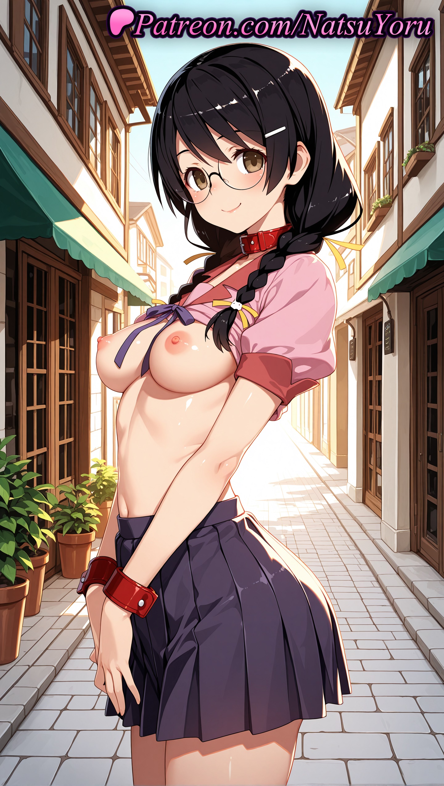 1girls, 2025, ai assisted, ai generated, alley, animal collar, anime, anime style, bakemonogatari, bangs, black hair, black skirt, blush, braid, breasts, breasts out, brown eyes, building, bust, busty, closed mouth, clothes lift, collar, cover, cover page, cowboy shot, cuffs, day, exhibitionism, female, female focus, female only, from side, glasses, hair ornament, hair ribbon, hairclip, hanekawa tsubasa, hi res, high quality, high resolution, highres, large breasts, leash, long hair, looking at viewer, low twin braids, medium breasts, megane, monogatari (series), naoetsu high school uniform, natsuyoru, navel, nipples, nipples outside, no bra, outdoors, own hands together, patreon, pink shirt, plant, pleated skirt, potted plant, public indecency, puffy short sleeves, puffy sleeves, purple bow, purple ribbon, purple skirt, red collar, ribbon, rimless eyewear, round eyewear, sailor collar, school uniform, semi-rimless eyewear, shiny skin, shirt, shirt lift, short sleeves, skirt, sky, smile, solo, solo female, stable diffusion, standing, street, twin braids, uncensored nipples, v arms, voluptuous, voluptuous female, wrist cuffs, yellow ribbon