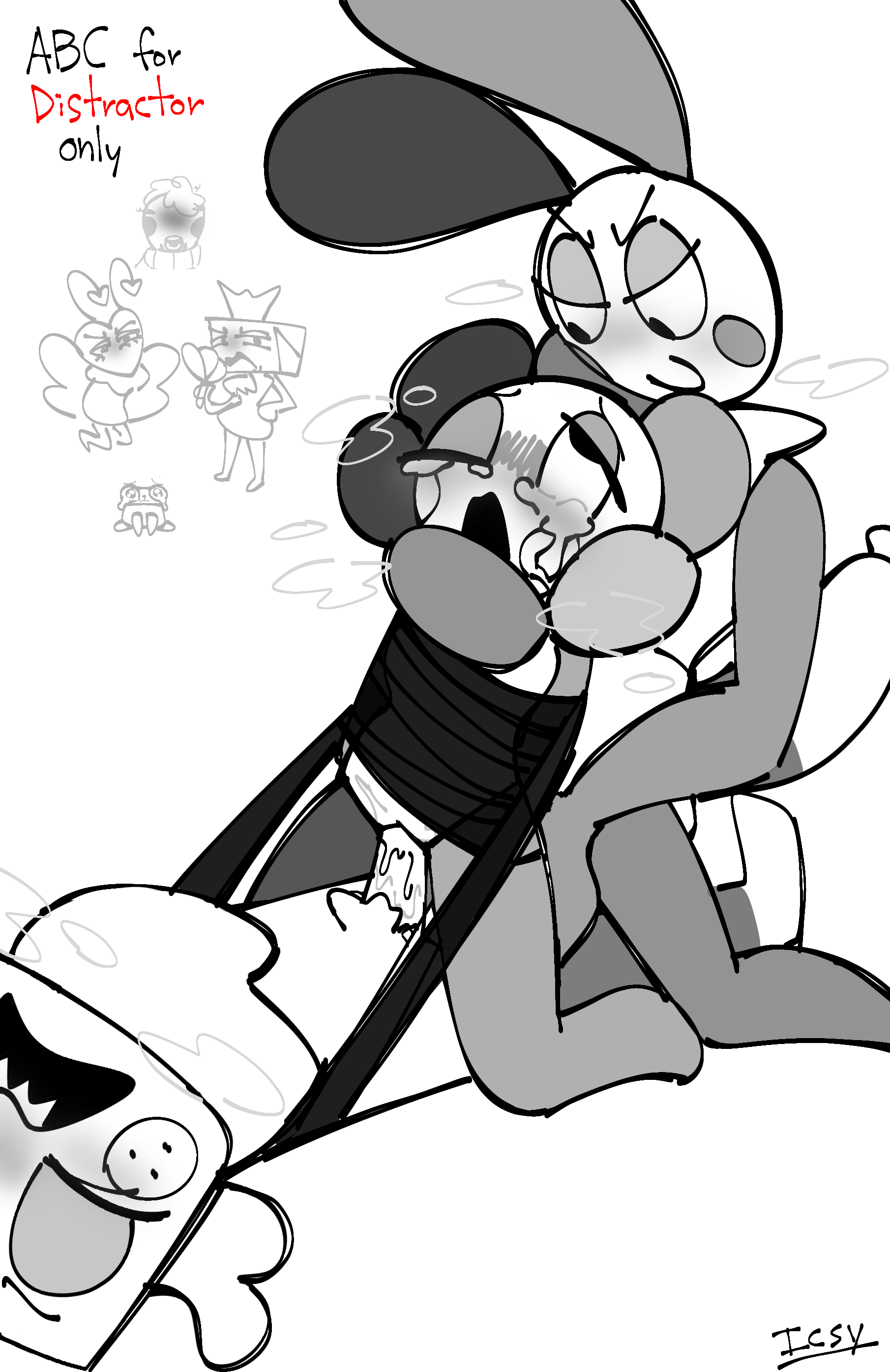 ambiguous penetration, ass, blush, breath, crying, cum in ass, cum in pussy, cuntboy, dandy (dandy's world), dandy's world, disgusted, english text, eyes rolling back, gay, goob (dandy's world), icysicanseeyou, intersex, looey (dandy's world), male, one eye closed, penis, pussy, restrained, simple background, tears, threesome, watching, watching from afar, watching sex