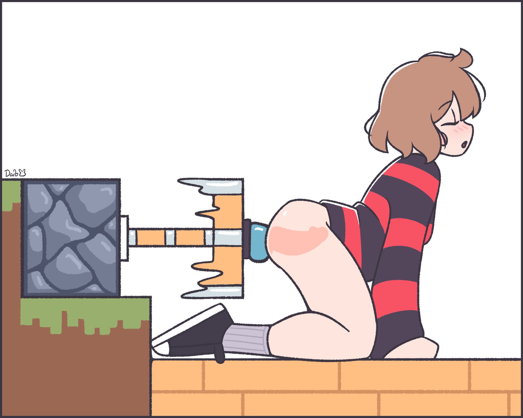 1girls, 2d (artwork), 2d artwork, afterdarb, bottomless, dildo, faith (afterdarb), female, minecraft, minecraft sheep fucker machine, no pants, no underwear, nude, piston (minecraft), sex machine, sex toy