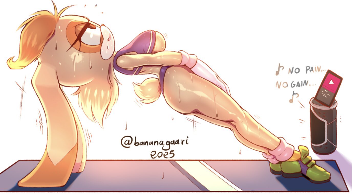 1girls, anthro, bananagaari, breasts, exercise, exercise clothing, female, rabbit ears, rabbit girl, sega, sonic (series), sports bra, stretching, sweat, sweating, sweaty, text, underboob, vanilla the rabbit