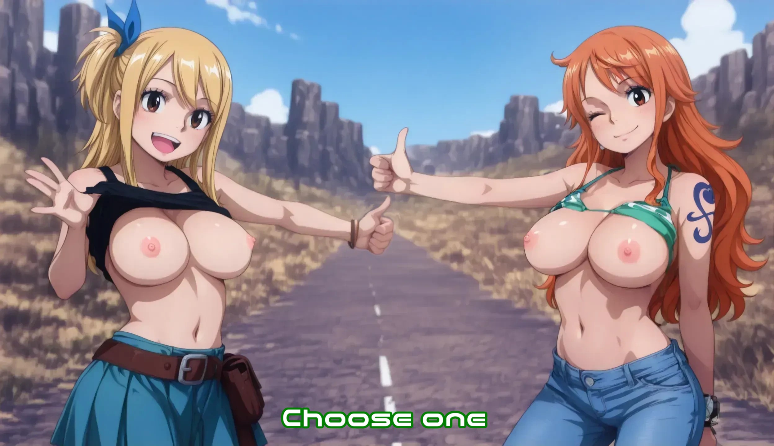 2girls, ai generated, arm tattoo, blonde hair, blonde-haired female, blue tattoo, breasts, clothing, fairy tail, female, female only, flashing breasts, hitchhiking, large breasts, lucy heartfilia, nami (one piece), nipples, one piece, orange hair, orange-haired female, tattoo, utamaru