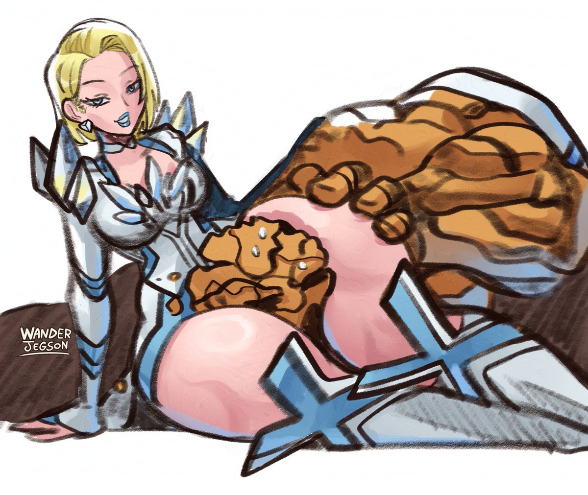 1boy, 1girls, blonde female, blue lipstick, bob cut, boots, breasts, emma frost, emma frost (marvel rivals), female, female focus, head between thighs, headlock, headlock with thighs, headscissor, hi res, high heel boots, high heels, large breasts, light skin, light-skinned female, looking at viewer, male, marvel, marvel comics, marvel rivals, the thing (marvel rivals), the thing (marvel), thick thighs, thighs, wanderjegson, wide hips