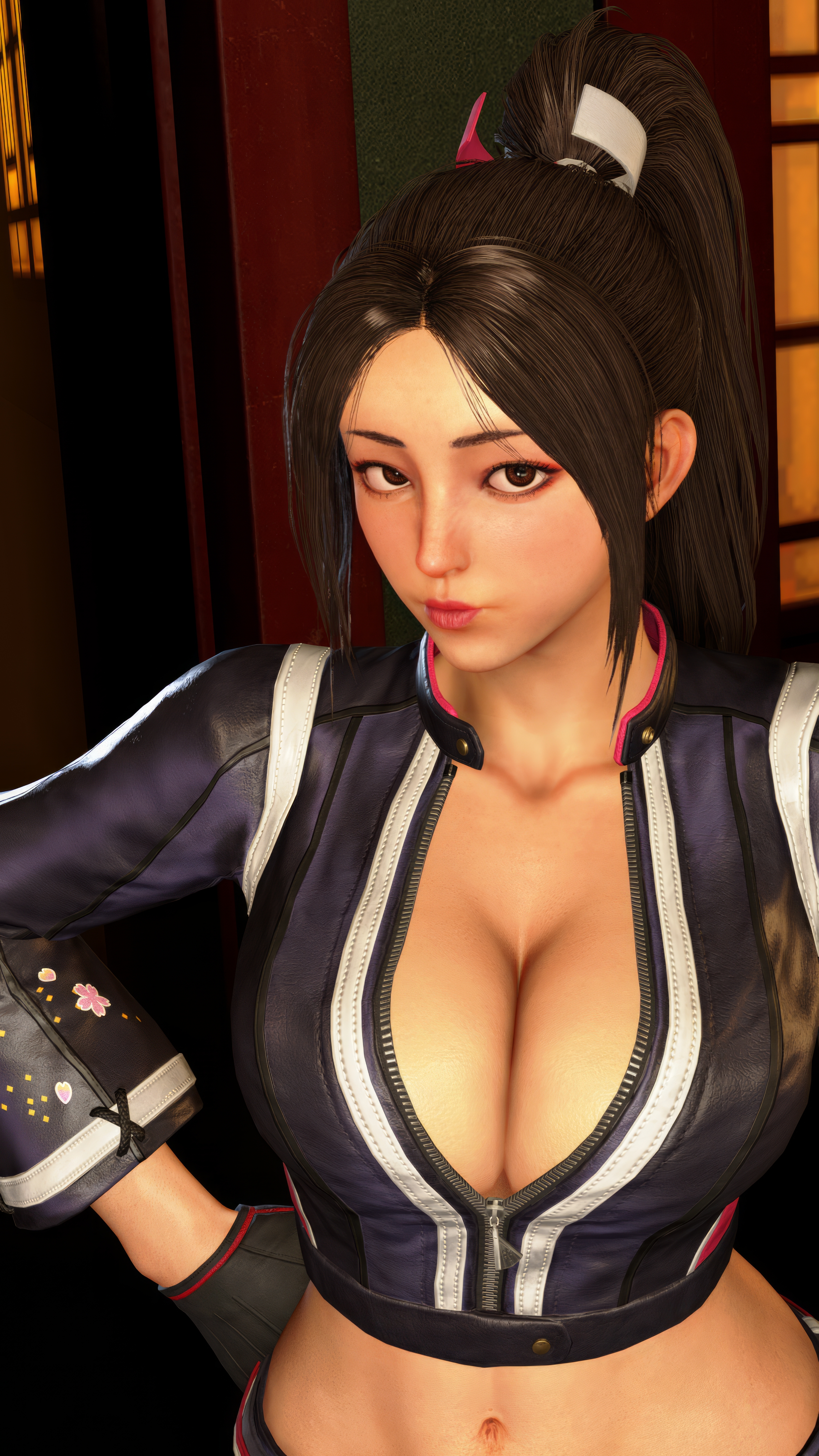 1girls, 3d, belly button, big breasts, biker clothes, biker girl, black jacket, breasts, cleavage, fatal fury, fatal fury: city of the wolves, female, gloves, ingame model, jacket, king of fighters, leather, leather clothing, leather jacket, leather pants, long hair, long sleeves, mai shiranui, mai shiranui (city of the wolves), official alternate costume, open jacket, screenshotboy96, slim waist, solo, street fighter, street fighter 6, tagme, thick thighs, top, video game, video game character, video games, wide hips, zipper, zipper pull tab