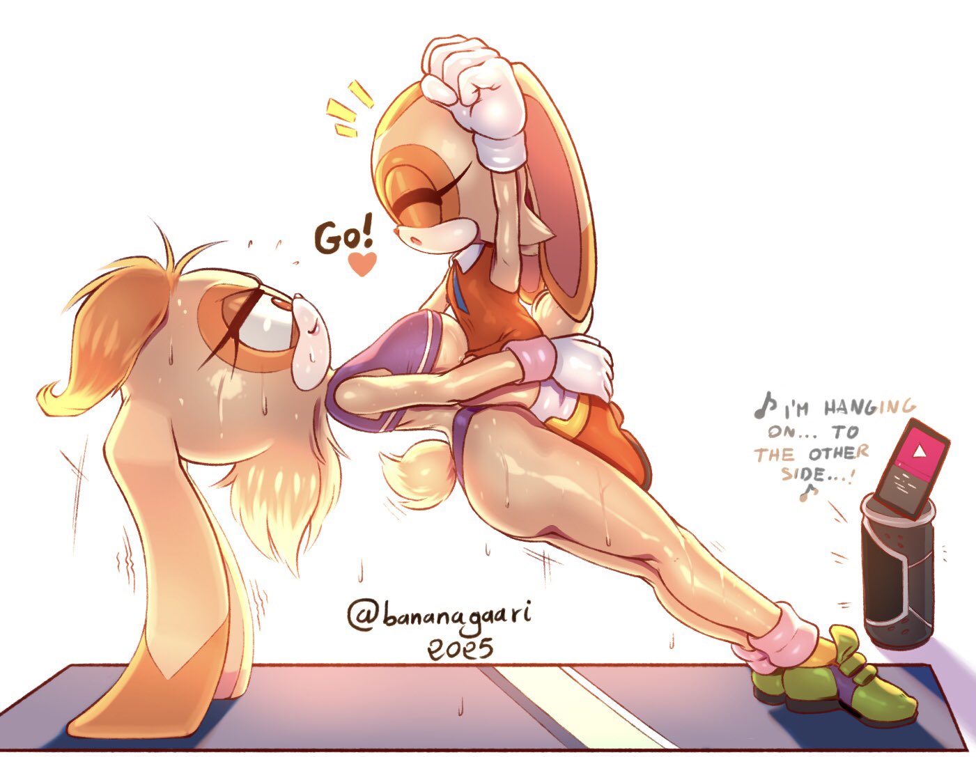 2girls, anthro, bananagaari, breasts, cream the rabbit, exercise, exercise clothing, female, mother and daughter, rabbit ears, rabbit girl, sega, sonic (series), sports bra, stretching, sweat, sweating, sweaty, text, underboob, vanilla the rabbit