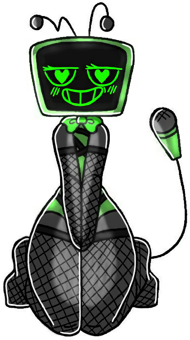 1girls, bowtie, clothing, dandy's world, female, female focus, fishnet armwear, fishnet stockings, fishnets, green eyes, heart eyes, looking at viewer, microphone, rendertime, roblox, solo, tail, tv head, vee (dandy's world)