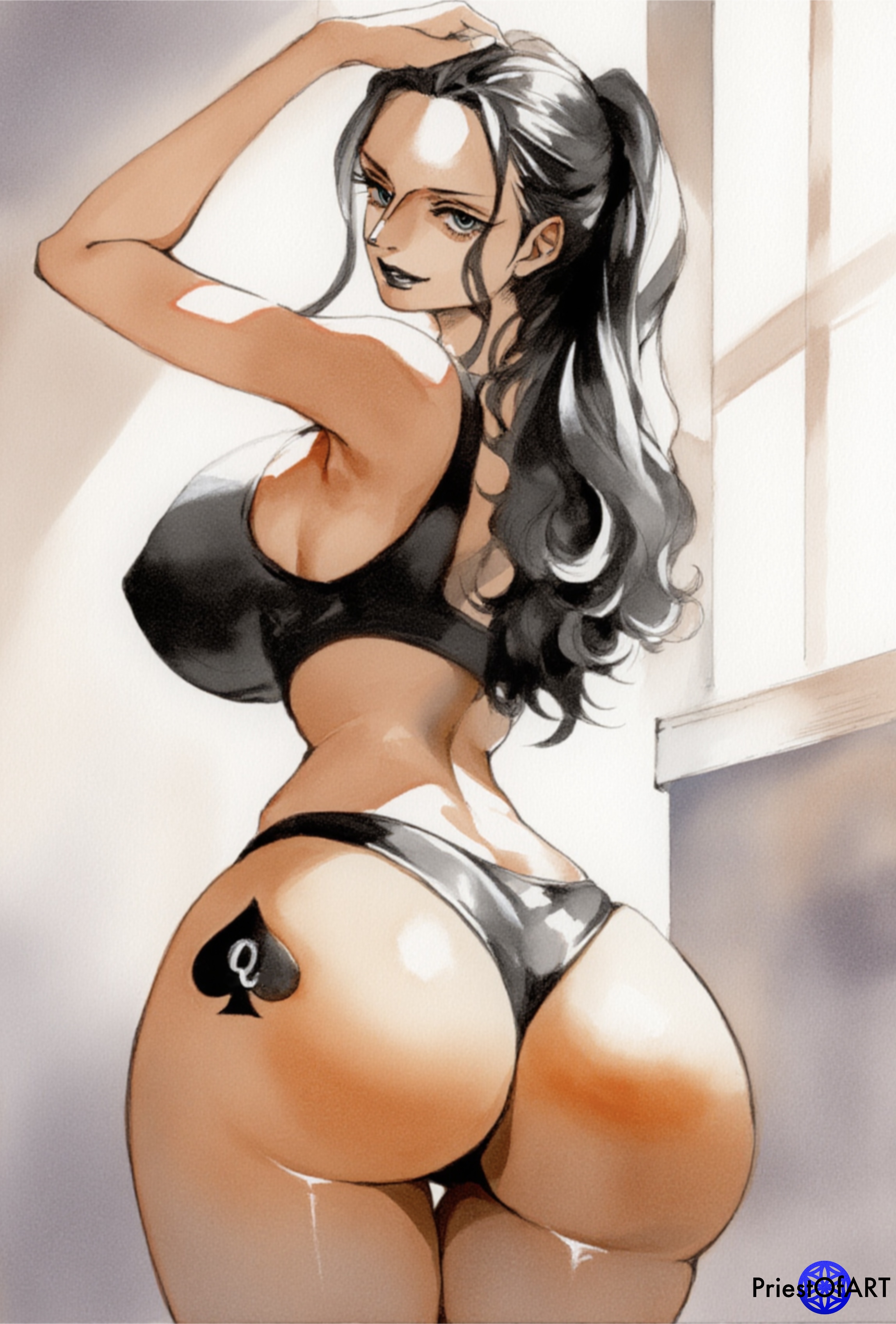 1girls, ai generated, ass, big ass, big breasts, big butt, black clothing, black hair, black lipstick, black panties, black-haired female, blacked clothing, blue eyes, breasts, busty, clothing, color, female, female only, from behind, huge ass, huge breasts, huge butt, lipstick, looking back, narrow waist, nico robin, one piece, ponytail, priestofart, qos tattoo, queen of spades, queen of spades symbol, solo, solo female, sports bra, tagme, tagme (artist), tagme (character), thick thighs, watercolor, watermark