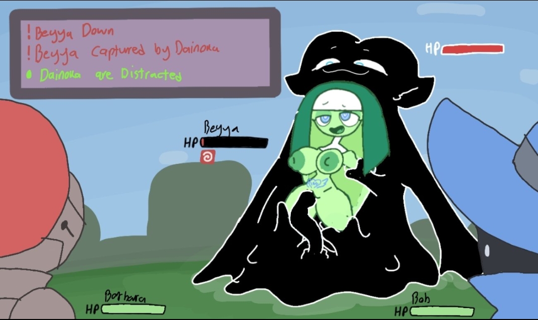 1boy, 1futa, 2girls, alexon (alexonjaychara), alexonjaychara, bella (screwroot), better version at source, dialogue, english text, erection, female, futanari, gameplay mechanics, health bar, humanoid, intersex, male, oc, oc screwroot, pussy, sex, slime, slime girl, tentacle, text, vaginal penetration