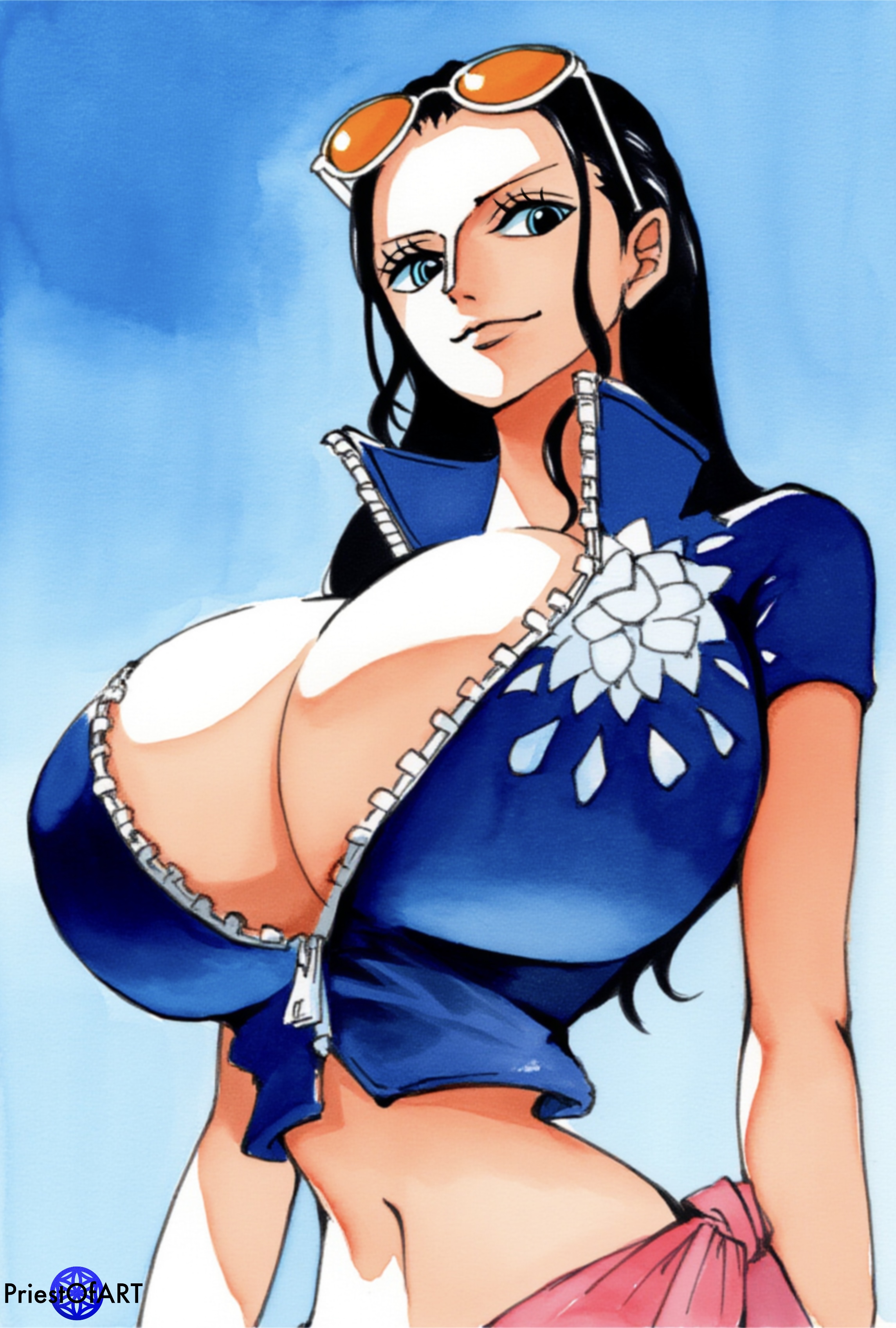 1girls, ai generated, big breasts, black hair, blue eyes, breasts, breasts bigger than head, busty, clothing, color, female, female only, glasses on head, huge breasts, jacket, looking at viewer, looking away, narrow waist, nico robin, one piece, priestofart, seductive look, seductive smile, solo, solo female, sunglasses, sunglasses on head, tagme, tagme (artist), tagme (character), upper body, watercolor, watermark, wide hips