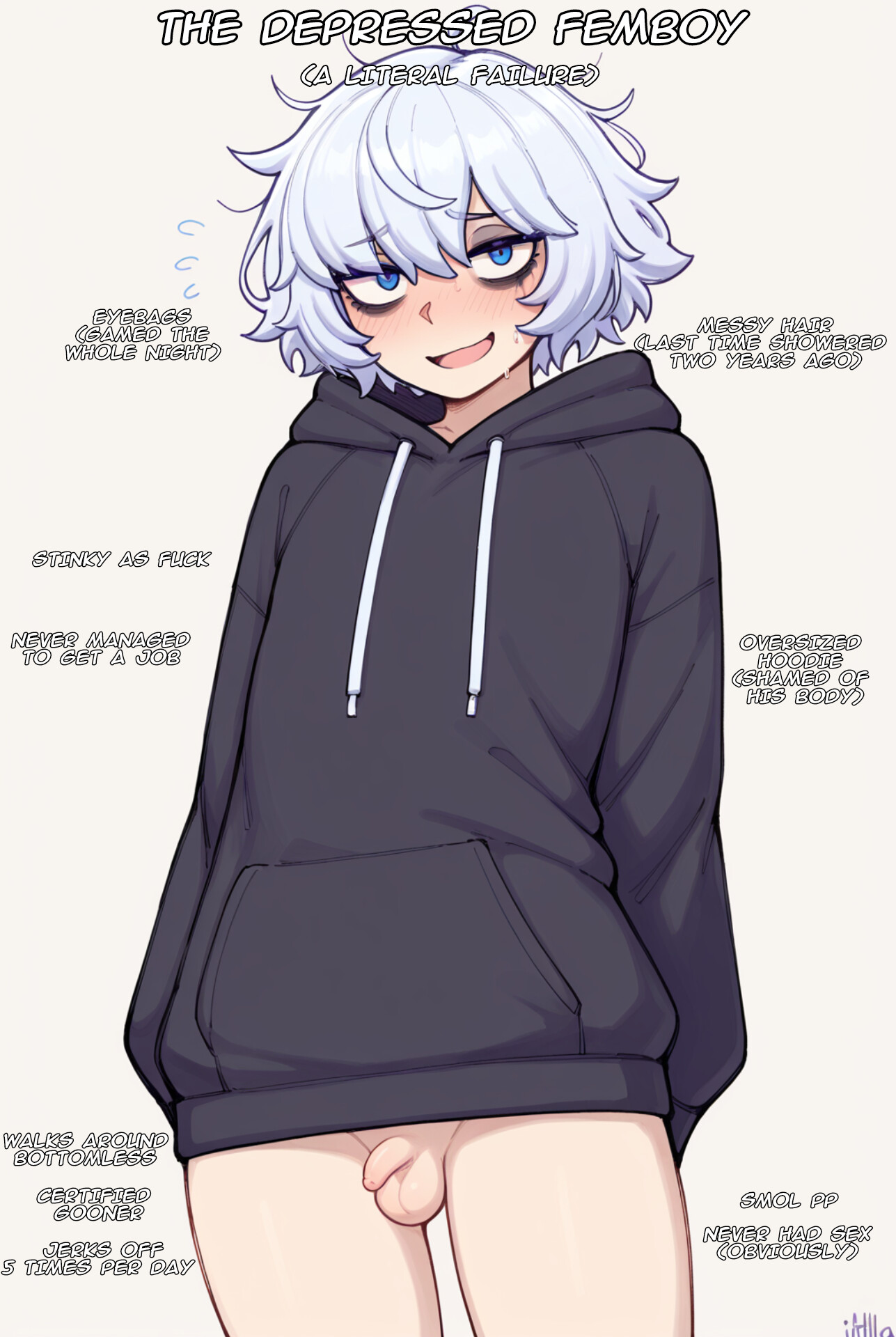 ai generated, bottomless, eyebags, femboy, looking at viewer, male, male only, messy hair, nervous smile, penis, small penis, standing, teenager