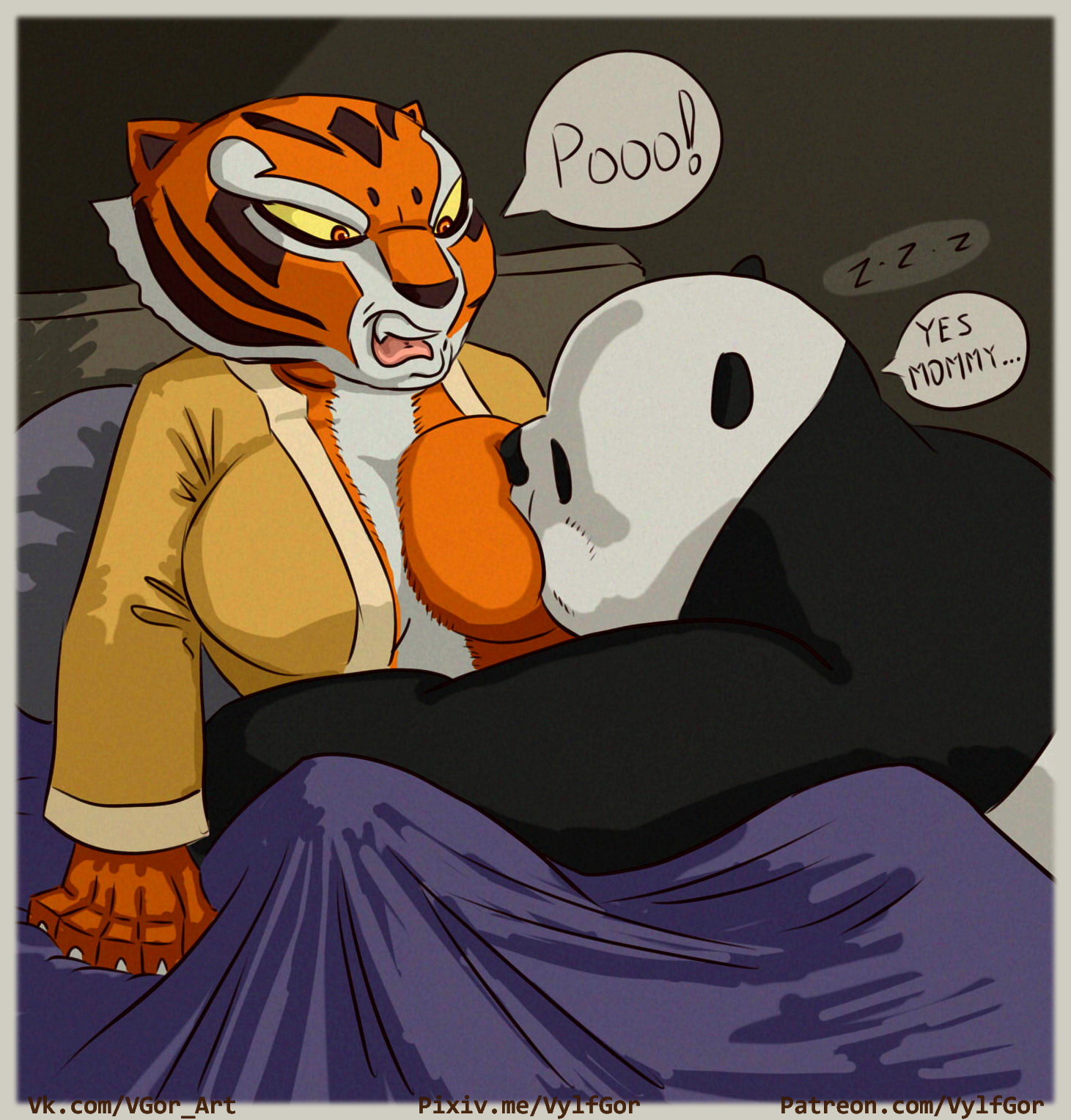 1boy, 1girls, 2019, anthro, bear, big breasts, black body, breast sucking, breasts, clothed, clothing, dreamworks, english text, felid, female, fur, giant panda, green eyes, hi res, kung fu panda, male, mammal, master tigress, orange body, orange fur, pantherine, po, red eyes, straight, striped body, striped fur, stripes, sucking, text, tiger, ursid, vylfgor, white body, white fur