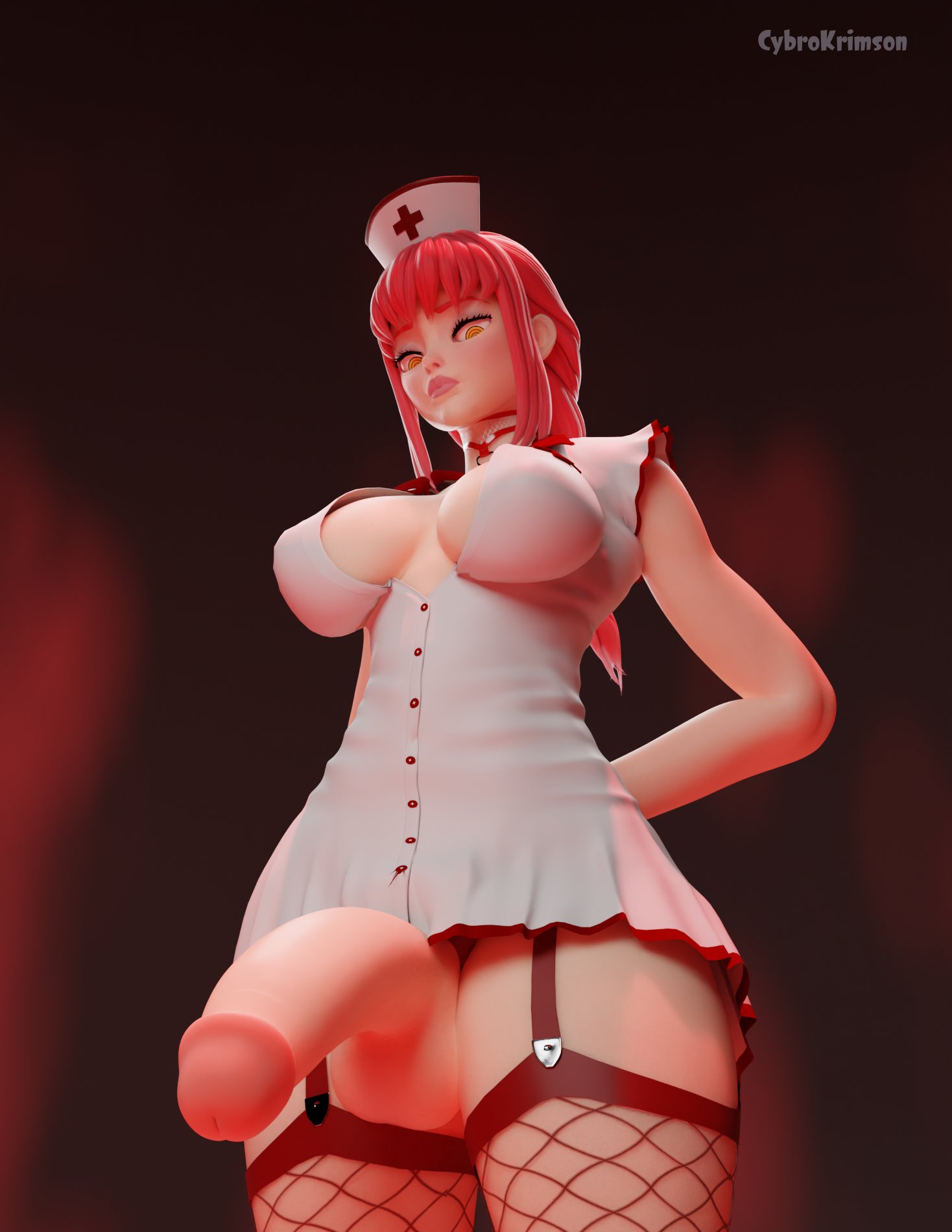 1futa, 3d, balls, chainsaw man, cock pointing towards viewer, cybrokrimson, fishnets, futa only, futanari, garter straps, intersex, makima (chainsaw man), nurse, nurse cap, nurse uniform, penis, penis pointing toward viewer, penis towards viewer, presenting, presenting penis, red hair, solo, submissive pov, taker pov, yellow eyes