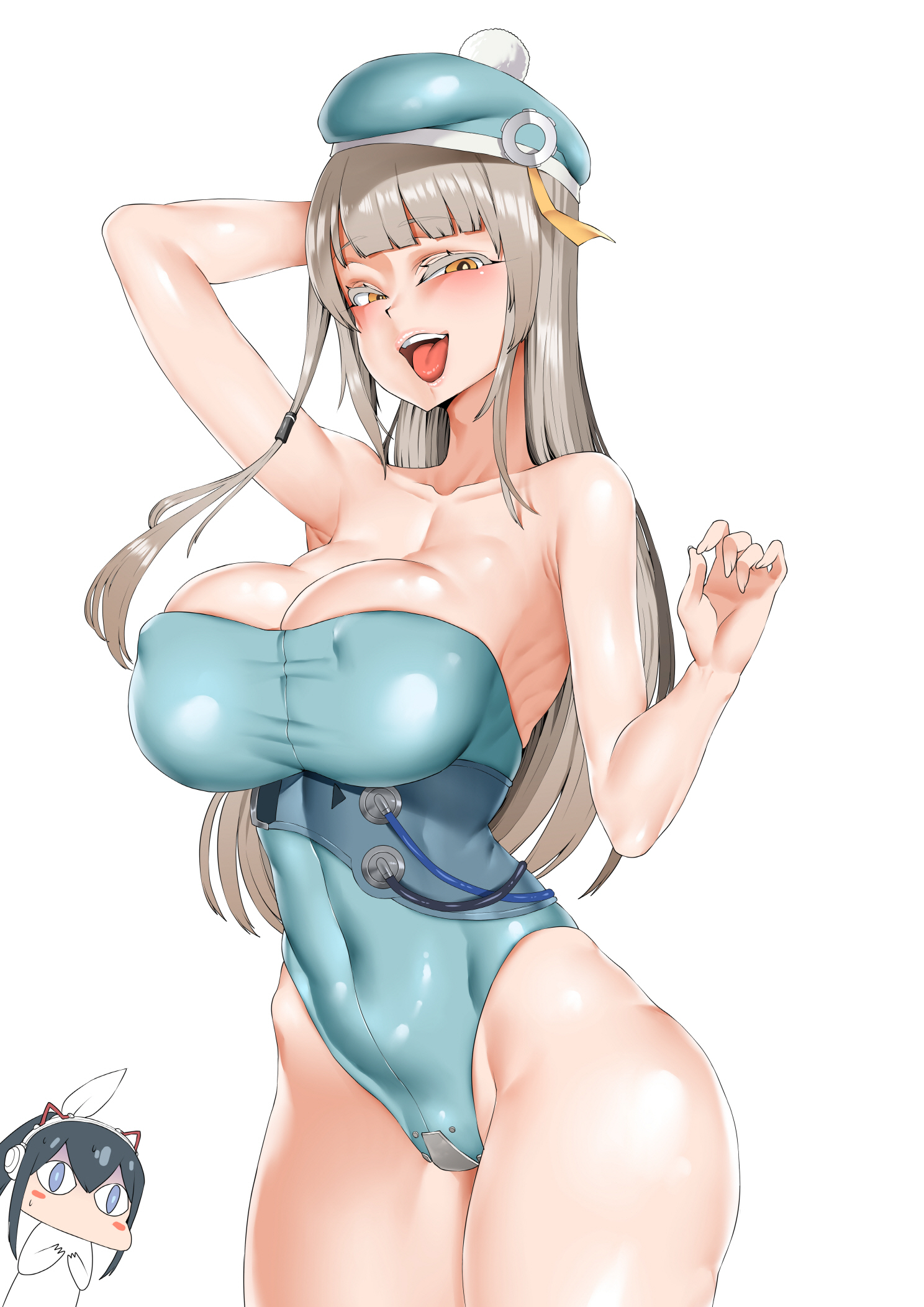 2girls, bangs, beret, black hair, blue eyes, blue headwear, blue swimsuit, blunt bangs, blush stickers, breast envy, breasts, cable, collarbone, corset, covered navel, covered nipples, crotch plate, enoch (soul worker), eyebrows visible through hair, female, grey hair, hair ornament, hand behind head, hat, highleg, highleg swimsuit, highres, large breasts, long hair, looking at another, looking at viewer, multiple females, multiple girls, noah (soul worker), one-piece swimsuit, open mouth, pink lips, ponytail, shiny, shiny clothes, shiny skin, smh1069, smile, solo focus, soul worker, strapless, strapless swimsuit, swimsuit, thighs, tongue, tongue out, white background, yellow eyes