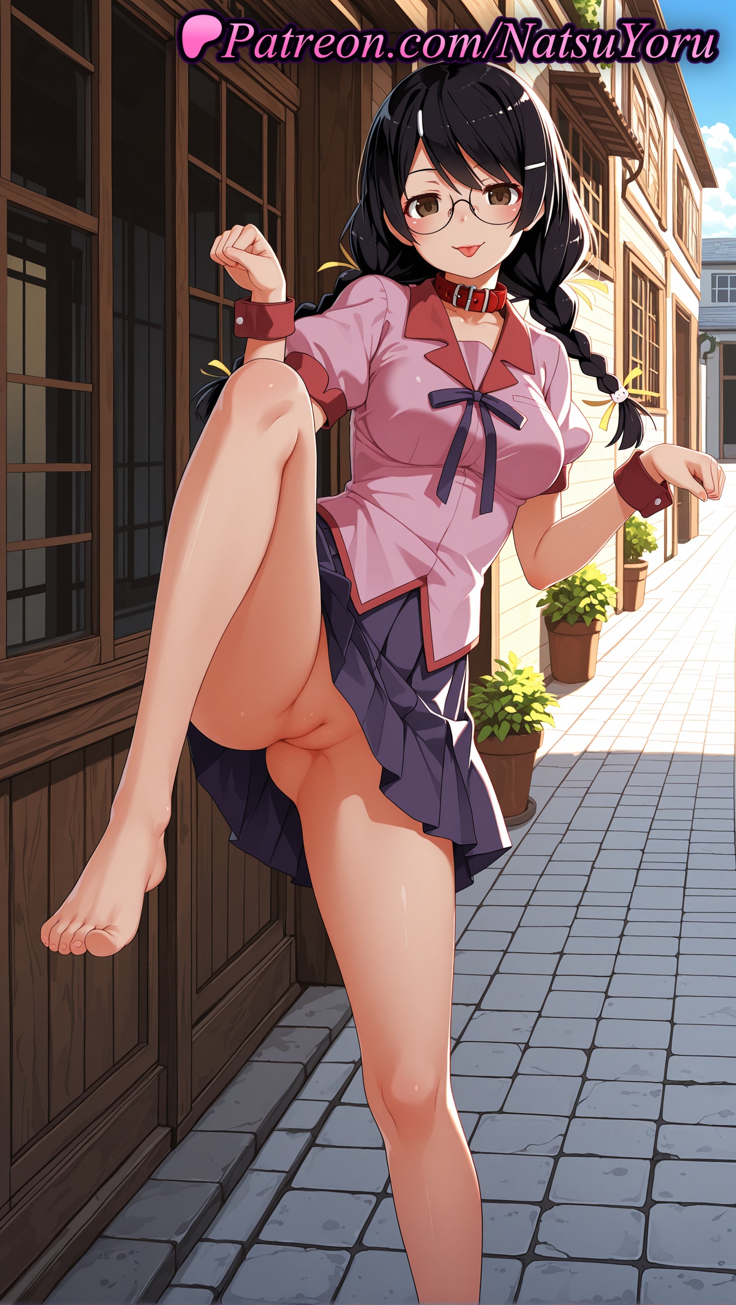 1girls, 2025, ai assisted, ai generated, animal collar, anime, anime style, ass visible through thighs, bakemonogatari, bangs, bare legs, barefoot, belt collar, black hair, blouse, blush, braid, breasts, brown eyes, building, bust, busty, caucasian, cleft of venus, collar, collarbone, day, feet, female, female focus, female only, foot fetish, foot out of frame, glasses, hair clips, hair ornament, hair ribbon, hairclip, hanekawa tsubasa, hi res, high quality, high resolution, highres, indoors, large breasts, leg lift, leg up, legs, lipstick, long hair, looking at viewer, makeup, medium breasts, megane, miniskirt, monogatari (series), naoetsu high school uniform, natsuyoru, no panties, nopan, outdoors, pale skin, patreon, paw pose, pet play, pink shirt, pleated skirt, potted plant, public indecency, puffy short sleeves, puffy sleeves, purple skirt, pussy, red collar, ribbon, school uniform, shirt, short sleeves, skirt, smile, socks, soles, solo, solo female, spread legs, stable diffusion, standing, standing on one leg, thighs, toenails, toes, tongue, tongue out, twin braids, uncensored, vagina, voluptuous, voluptuous female, wrist cuffs, yellow ribbon