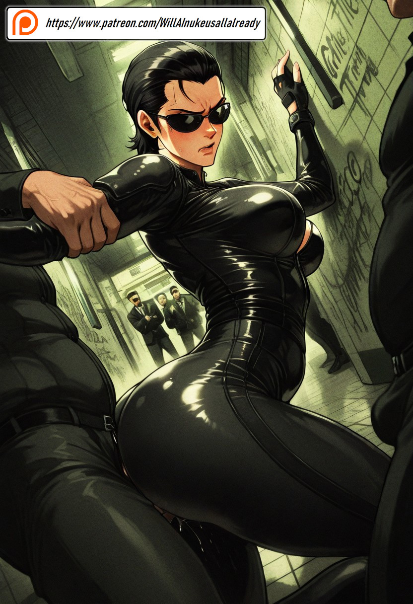 against wall, ai generated, female, fucked from behind, latex, male, questionable consent, the matrix, trinity (the matrix), willainukeusallalready