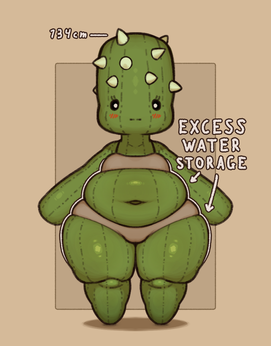 belly, belly button, big belly, blush, cactus, cactus humanoid, fat thighs, green body, keelpowah, overweight, text, thick thighs, tight clothing, underwear, wide hips
