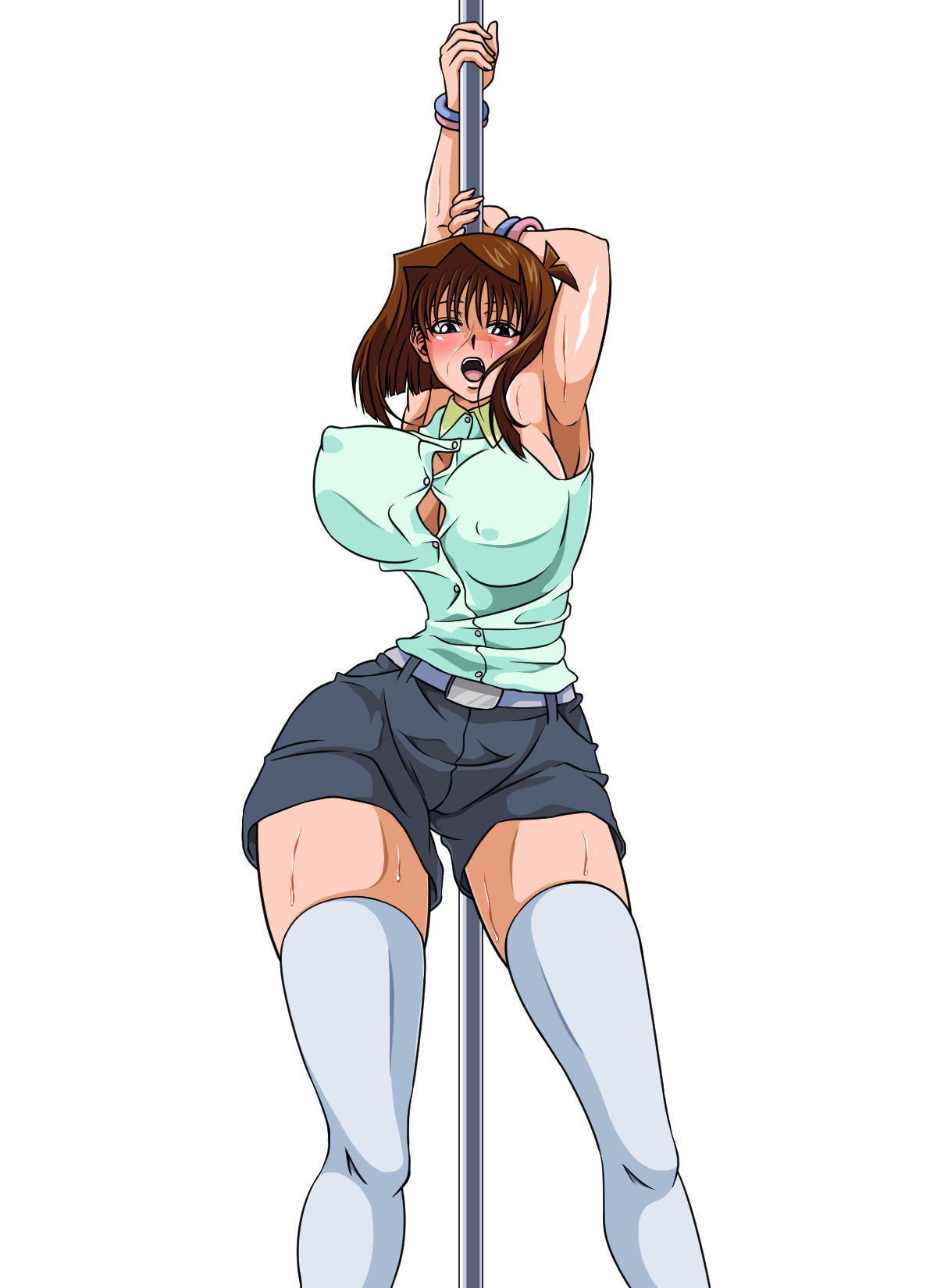 1girls, big breasts, blank background, blue eyes, blush, breasts, brown hair, clothed, clothed female, curvaceous, curvy, erect nipples, erect nipples under clothes, female, female focus, female only, huge breasts, konami, legwear, legwear under shorts, nipples, nipples visible through clothing, open mouth, pole, pole dancing, seductive, seductive look, short hair, shorts, simple background, solo, solo female, solo focus, sweat, tea gardner, thick, thick legs, voluptuous, white background, yu-gi-oh!, yu-gi-oh! duel monsters, yuu-gi-ou, yuu-gi-ou duel monsters