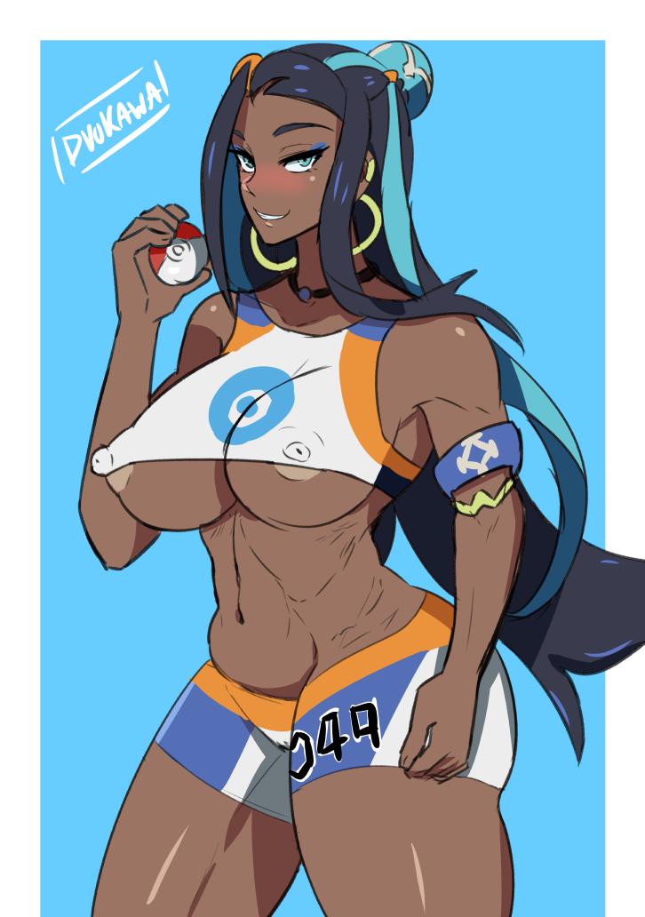 1girls, abs, alternate breast size, areolae, armpits, ass, belly, big ass, big breasts, blue background, blue eyes, blue hair, blush, breasts, cameltoe, cleavage, clothed, dark skin, dark-skinned female, duo kawa, earrings, erect nipples, eye contact, eyeshadow, female, female only, grin, gym leader, holding, huge breasts, human, large breasts, long hair, looking at viewer, makeup, midriff, muscular, muscular female, navel, necklace, nessa (pokemon), nintendo, nipples, poke ball, pokemon, pokemon ss, pussy, shirt, shorts, sketch, smile, solo, standing, text, thick thighs, thigh gap, underboob, watermark, white border, wide hips