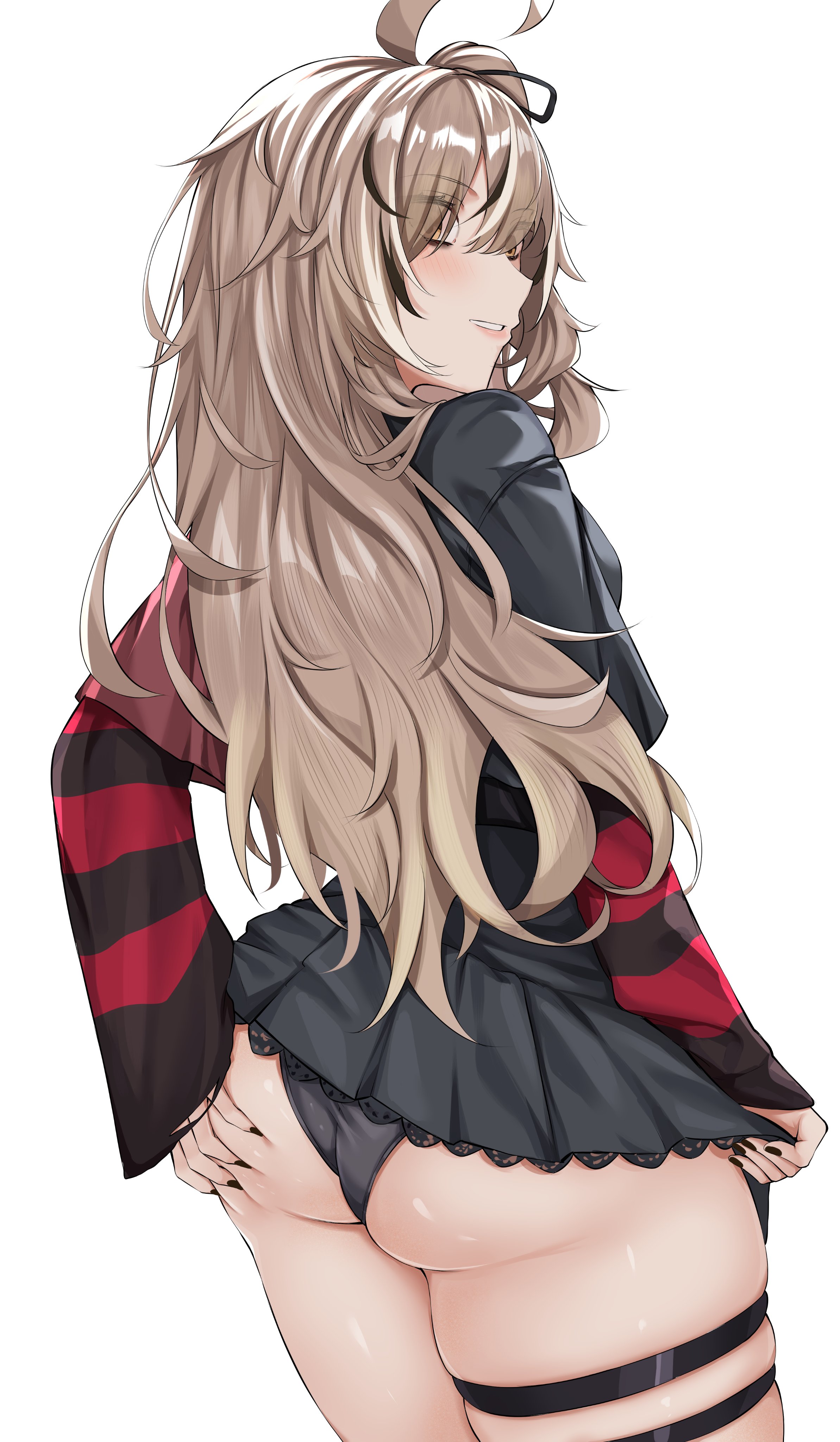1girls, absurd res, ahoge, amber eyes, ass, ass focus, ass grab, black fingernails, black hair ribbon, black hair tie, black nails, black panties, black skirt, brown hair, butt focus, butt grab, cowboy shot, female, goth, goth girl, hair ribbon, hair tie, hair tied, hi res, hololive, hololive english, hololive english -council-, hololive english -promise-, long sleeves, looking back, messy hair, nail polish, nanashi mumei, nanashi mumei (emo), rinse 7, skirt, solo, solo focus, tagme, thick thighs, thigh squish, thigh strap, thighs, virtual youtuber, white background