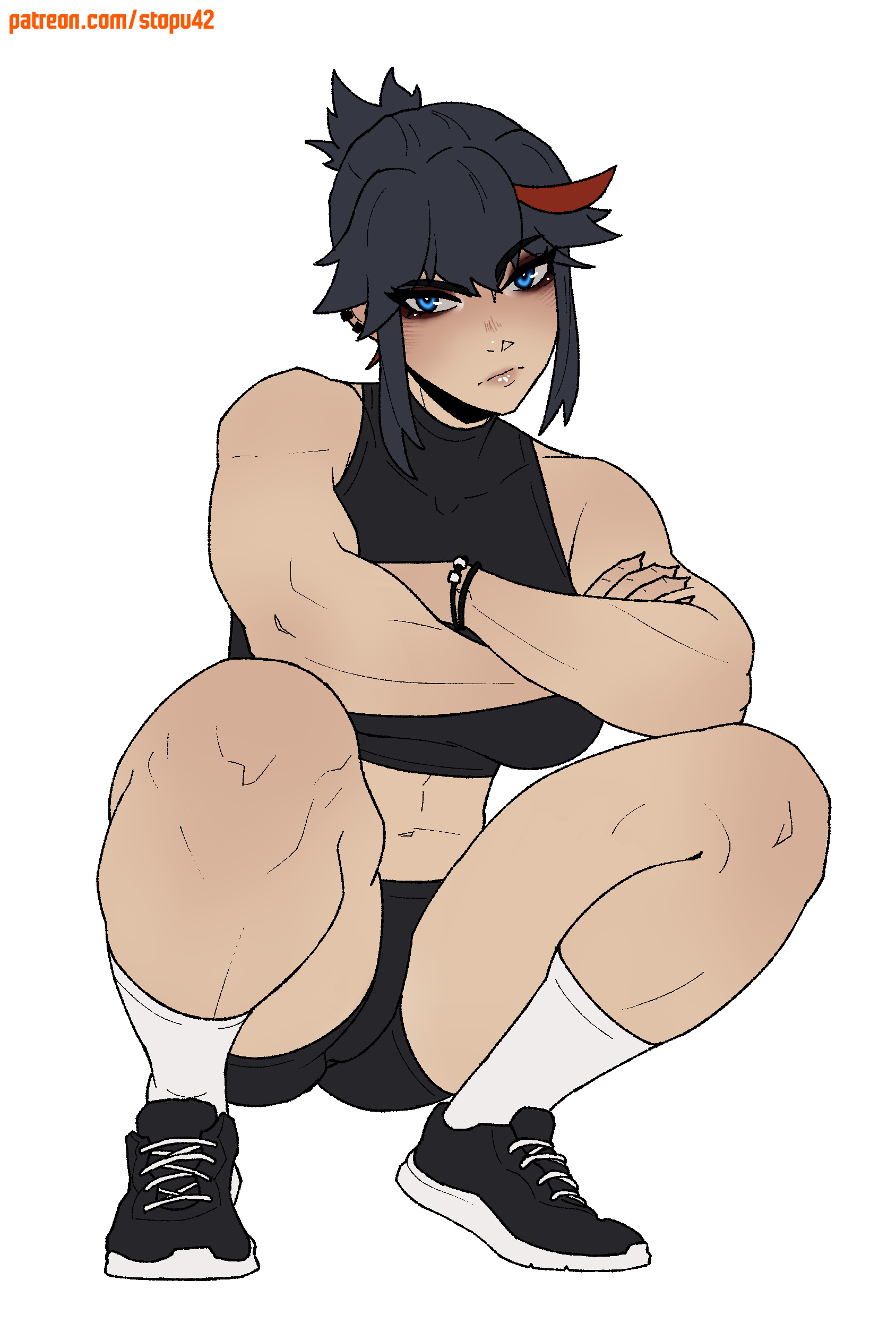 1girls, athletic female, blue eyes, crossing arms, ear piercing, female, fit female, kill la kill, looking at viewer, matoi ryuuko, muscular, muscular female, red strand of hair, squatting, stopu, tank top, tomboy, toned female