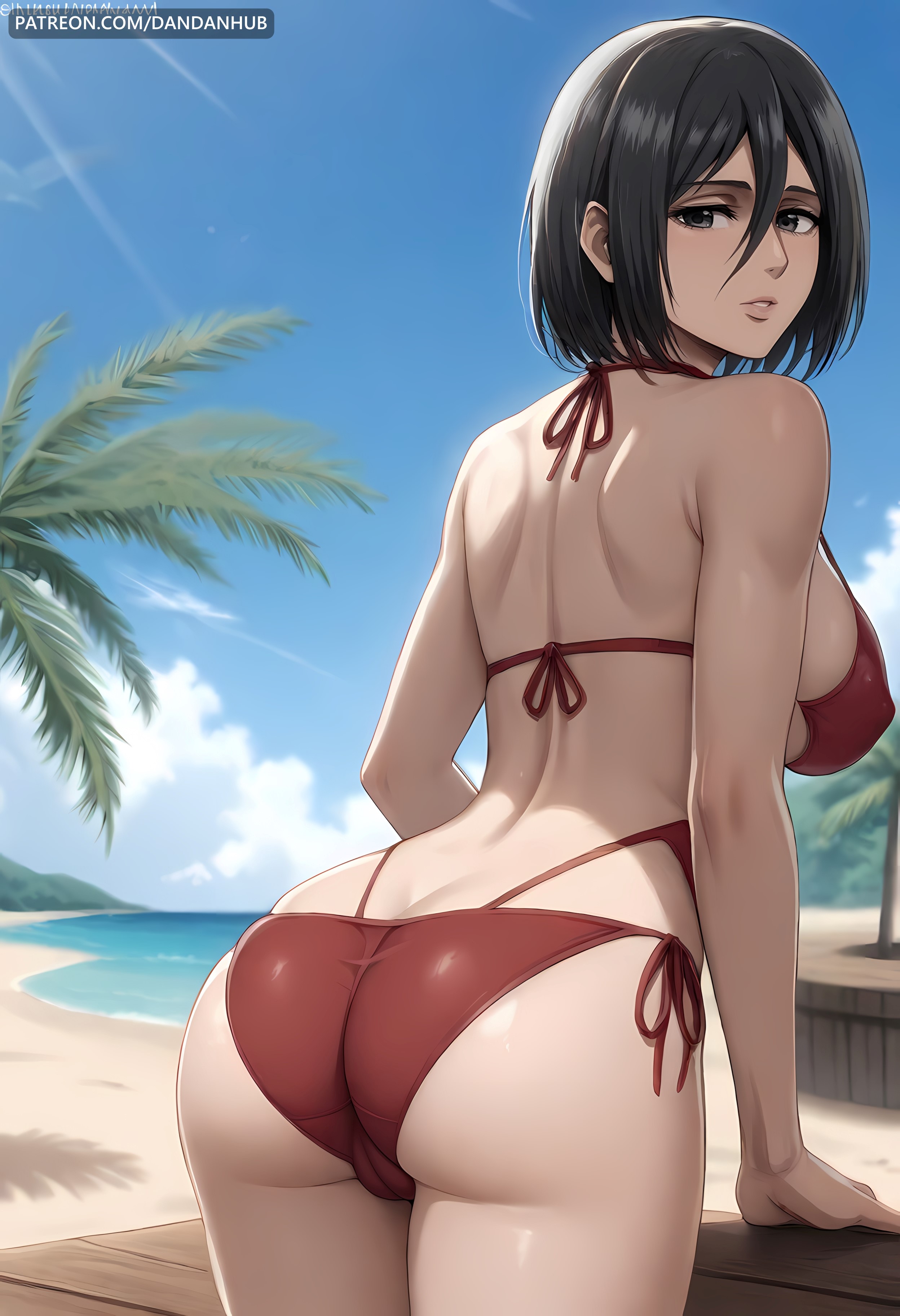 ai generated, ass, attack on titan, back, bare shoulders, beach, bikini, black eyes, black hair, blue sky, breasts, cameltoe, cloud, covered nipples, dandanhub, day, female, female only, from behind, hair between eyes, large breasts, looking at viewer, looking back, mikasa ackerman, ocean, one-piece swimsuit, outdoors, palm tree, parted lips, patreon username, pussy, red bikini, red one-piece swimsuit, sand, shingeki no kyojin, short hair, side-tie bikini bottom, sky, solo, swimsuit, tree