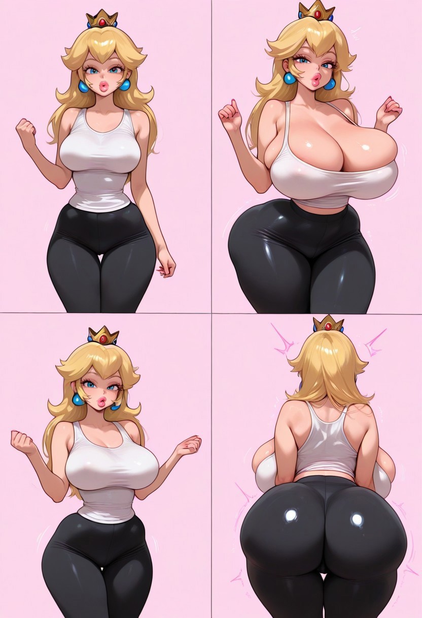 ai generated, ass, before and after, bimbo, bimbofication, bimbofication sequence, blonde hair, bodysuit, breasts, bubble ass, bubble butt, cleavage, female, high heels, huge ass, huge breasts, leggings, mario (series), nintendo, pobodyznerf, ponytail, princess peach, thick, thick thighs, tight, tight clothing, transformation, transformation sequence