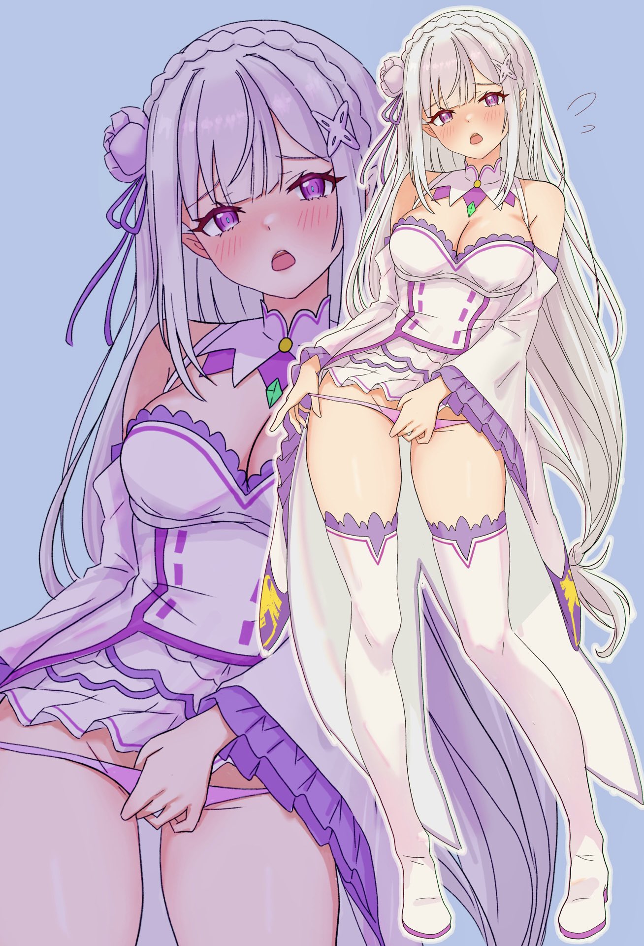 1girls, big breasts, blue eyes, blush, breasts, cleavage, elf, elf ears, elf female, embarrassed, emilia (re:zero), female, flower, jewelry, large breasts, long hair, looking at viewer, panties, purple eyes, re:zero kara hajimeru isekai seikatsu, silver hair, skirt, skirt up, solo, thick thighs, thighs, undressing, white hair