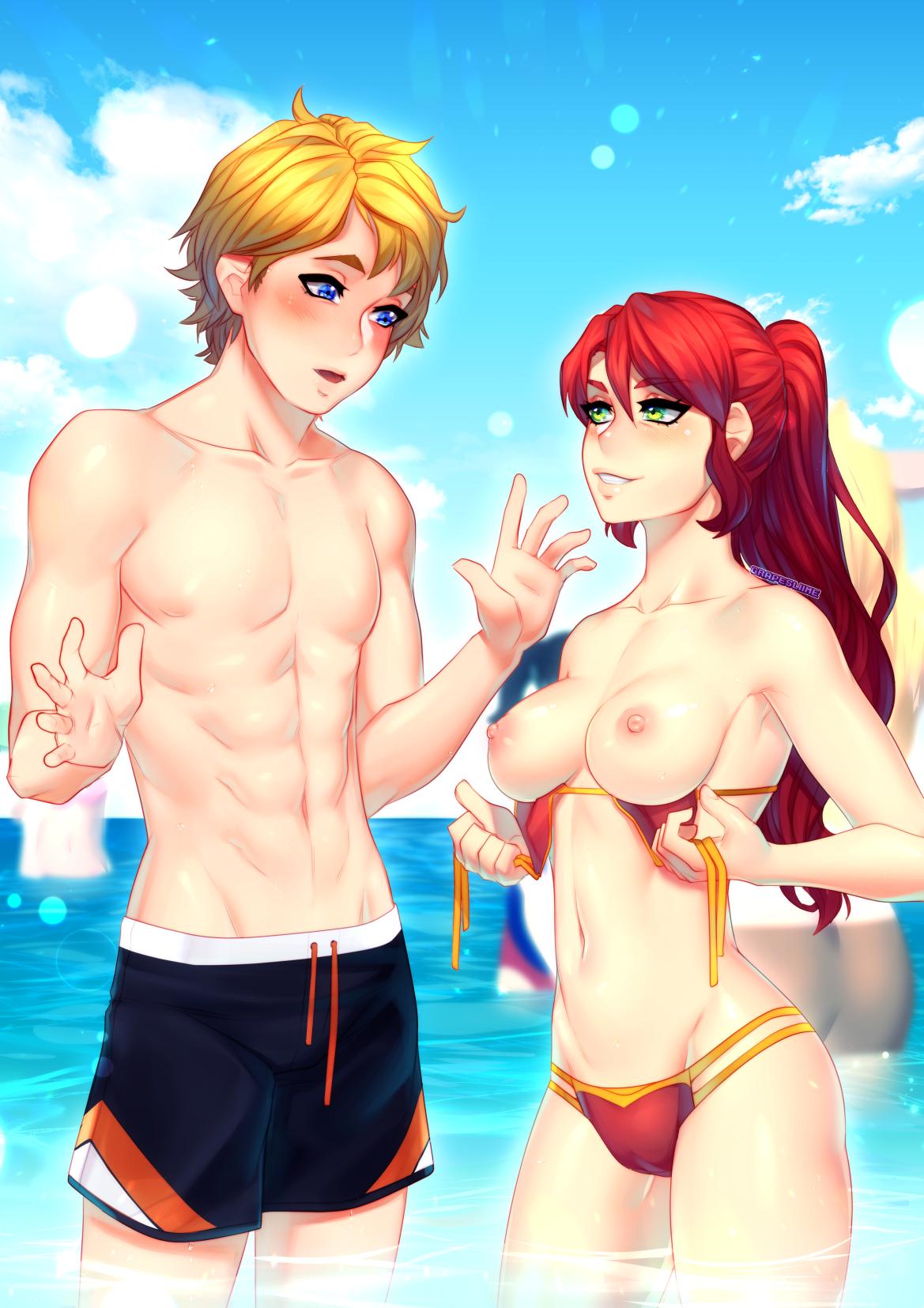 1boy abs bangs bikini bikini_bottom bikini_top bikini_top_removed blonde_hair blue_eyes blush breasts canon_couple couple female flashing grapesliime green_eyes high_ponytail jaune_arc long_hair looking_at_another looking_at_breasts male medium_breasts nipples ocean partially_submerged ponytail public public_exposure public_nudity pyrrha_nikos red_hair romantic rwby shiny_hair shiny_skin sky smile standing standing_in_water surprised surprised_expression swimming_trunks swimsuit toned toned_female topless undressing water