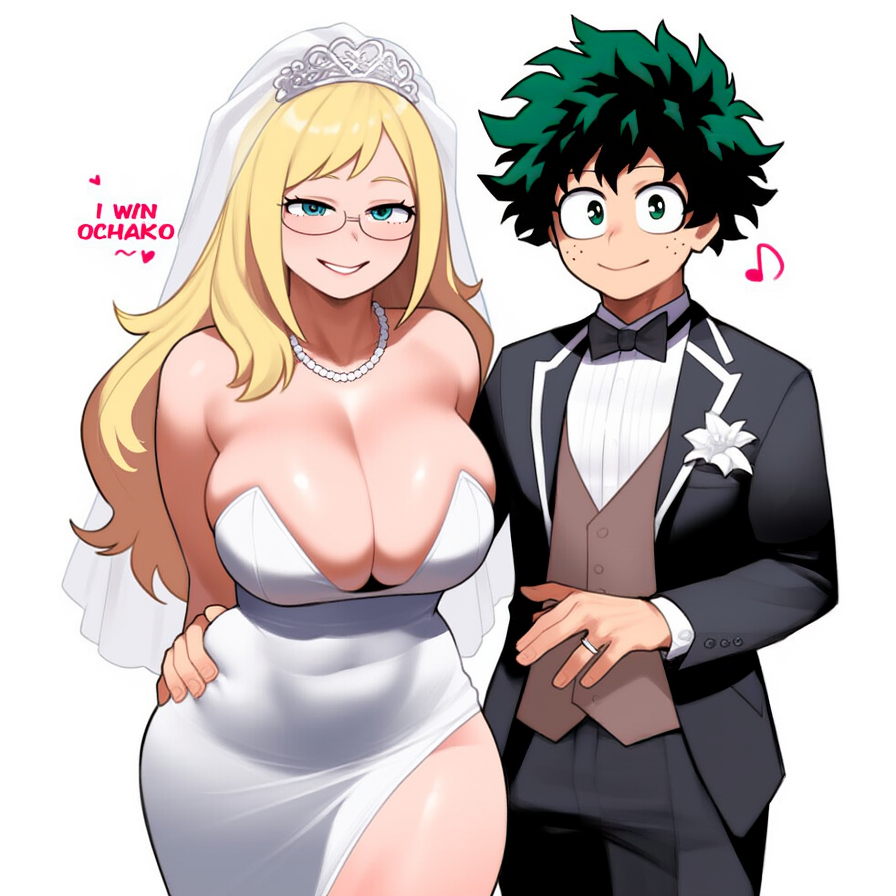 ai_generated boku_no_hero_academia breasts clothed female glasses happy happy_couple happy_female i_win_ochako izuku_midoriya large_breasts low_cut_dress melissa_shield my_hero_academia necklace novelai nullificater sexy_dress side_cut slit_dress text wedding wedding_day wedding_ring wedding_veil wholesome