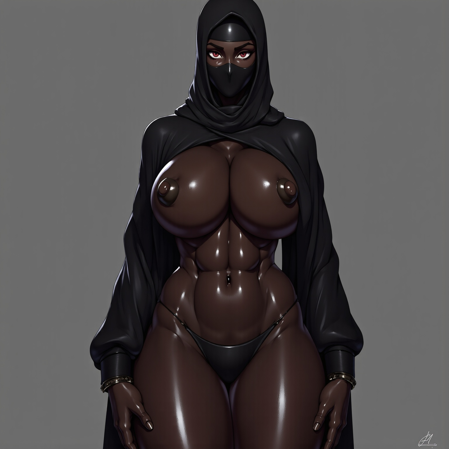 african female, ai generated, big areola, big breasts, big nipples, breasts, dark skin, dark-skinned female, female, female focus, female only, headscarf, hijab, huge breasts, muscular, muscular female, muslim, muslim female, red eyes, thick thighs