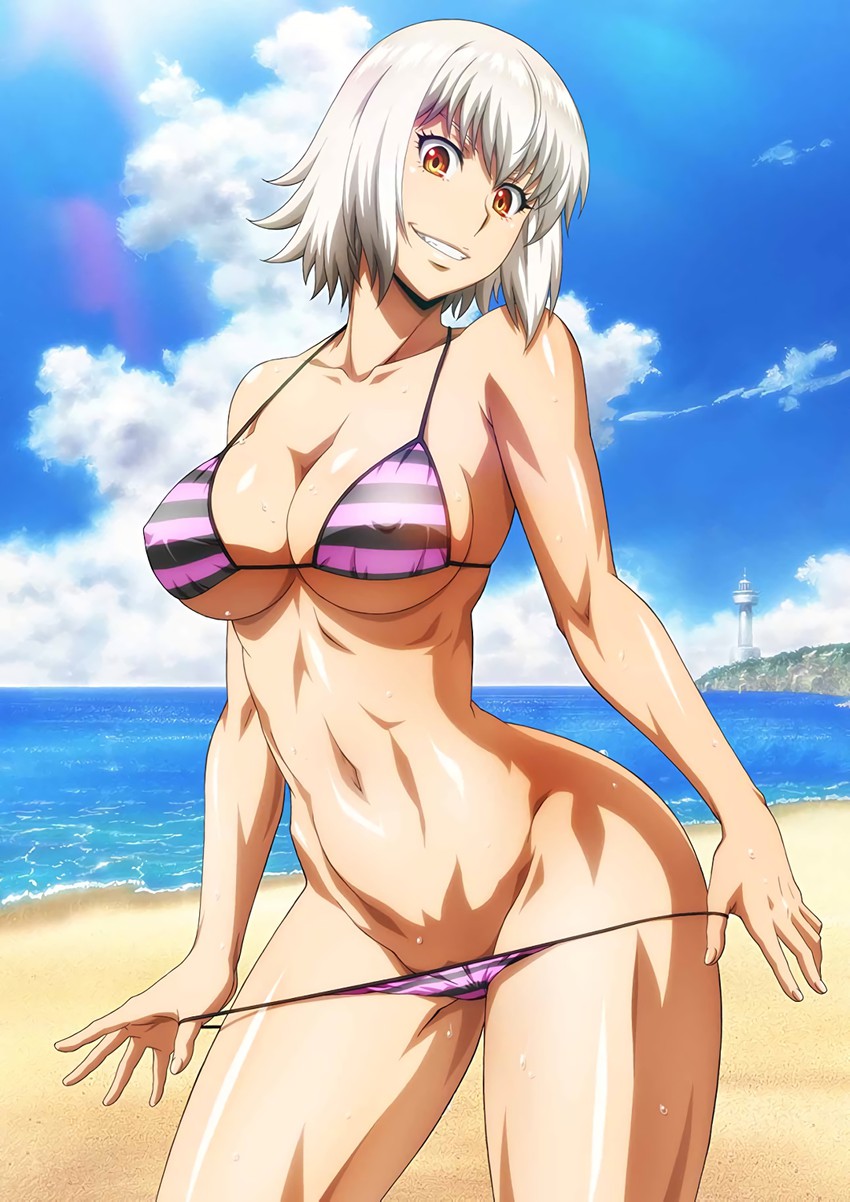 1girls beach bikini fit fit_female hitomi_uzaki killing_bites looking_at_viewer nipples_visible_through_clothing official_art orange_eyes pinup shiny_skin smile smirk solo solo_female standing swimwear tagme toned toned_female undressing white_hair wide_hips