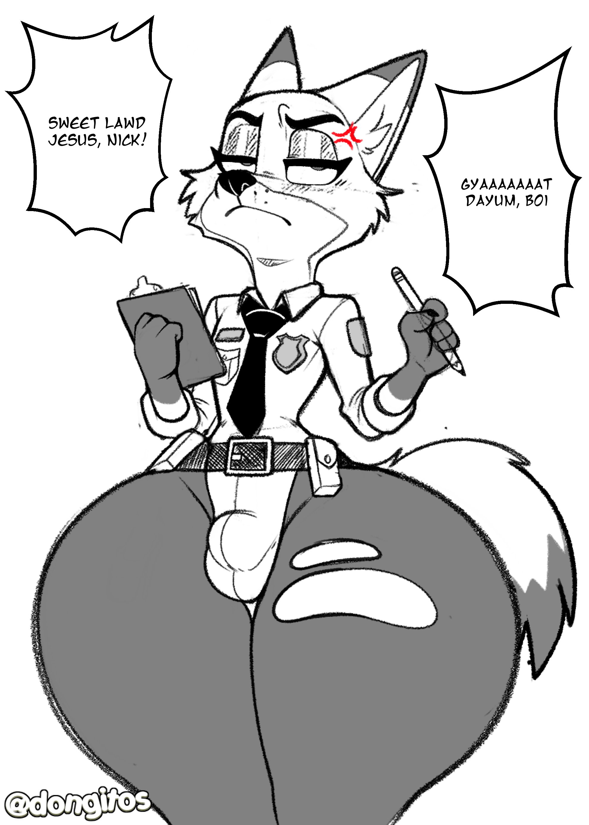 1boy, annoyed, annoyed expression, anthro, ass, ass bigger than head, balls, balls bulge, big ass, big butt, black and white, bottom heavy, bubble ass, bubble butt, bulge, bulge through clothing, clothing, curvaceous, curvy, curvy figure, dialogue, disney, dongitos, english text, femboy, fox, fully clothed, furry, girly, huge ass, male, male only, monochrome, nick wilde, pear shaped, police, police uniform, slim waist, solo, solo male, text, thick thighs, voluptuous, voluptuous male, white background, wide hips, zootopia