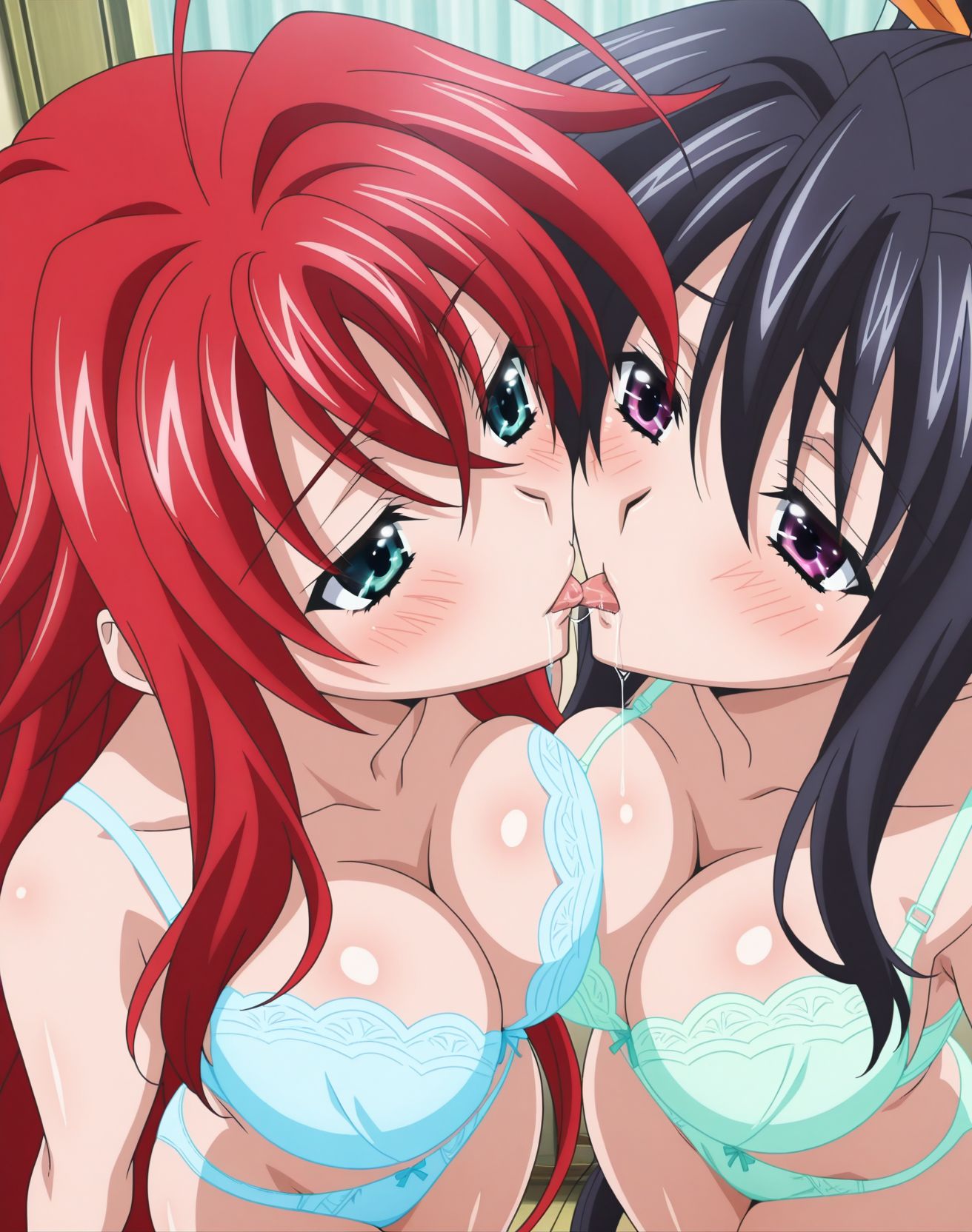 2girls ai_generated akeno_himejima big_breasts bikini breast_to_breast females_only girlfriends high_school_dxd indoors kissing lesbian_couple lesbian_kiss looking_at_each_other rias_gremory rias_x_akeno saliva saliva_drip tongue_to_tongue tongues_touching wife_and_wife yuri yuri yuri
